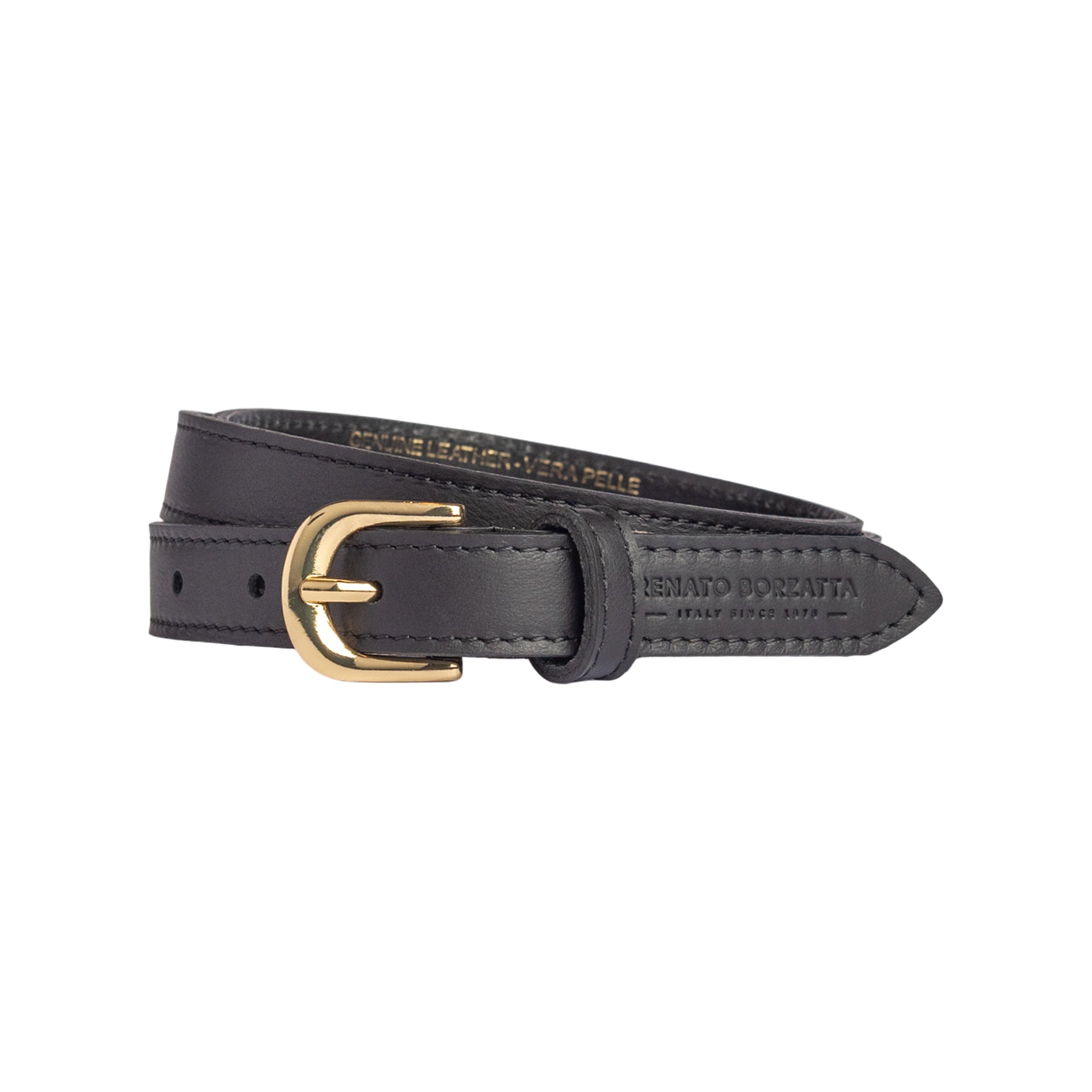 RB4018A | Women's Belt Made in Italy in Soft Genuine Sauvage Leather. Polished Gold-Finish Buckle. Black. Dimensions: 115 x 2.0 x 0.5 cm (waistline 100 cm)