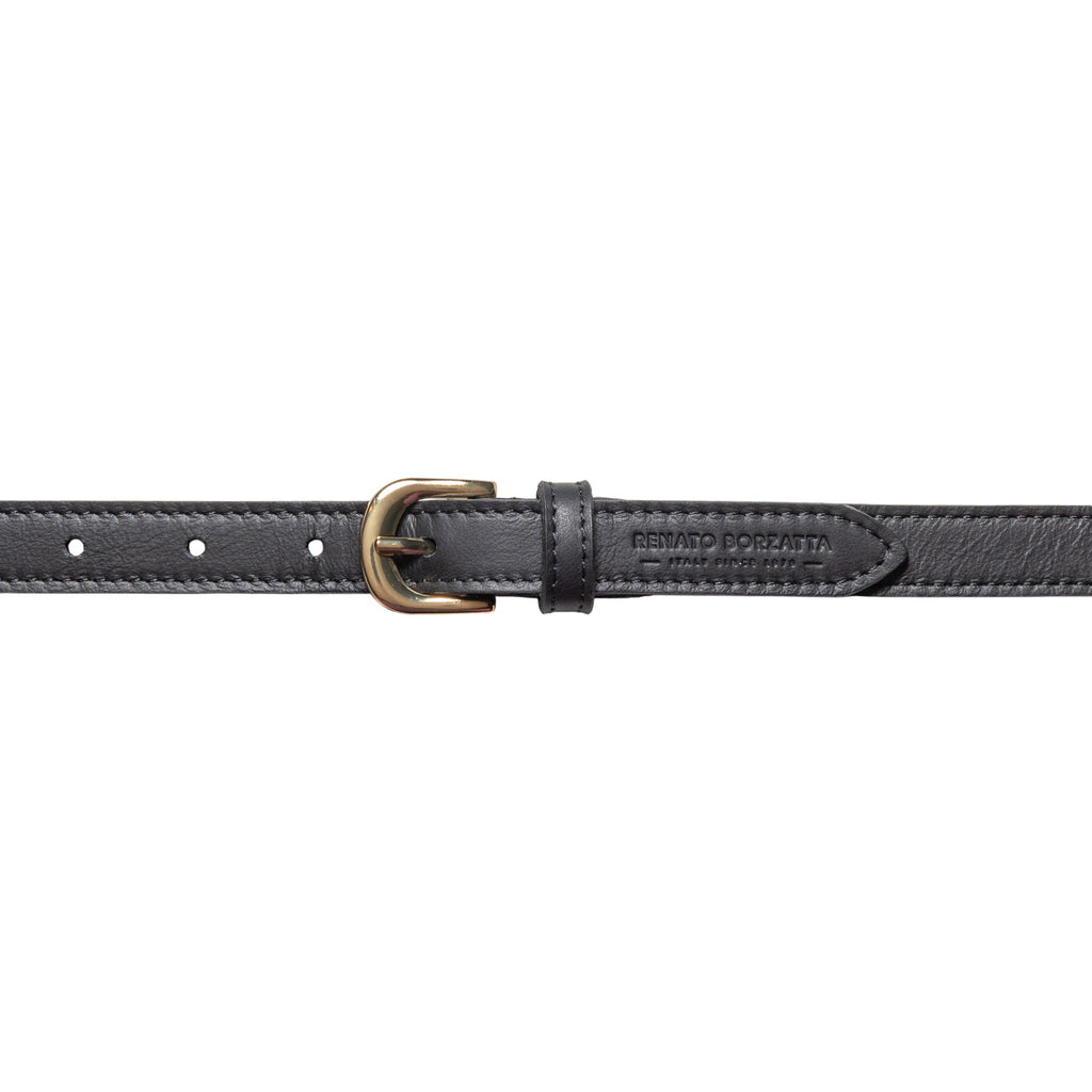 RB4018A | Women's Belt Made in Italy in Soft Genuine Sauvage Leather. Polished Gold-Finish Buckle. Black. Dimensions: 115 x 2.0 x 0.5 cm (waistline 100 cm)