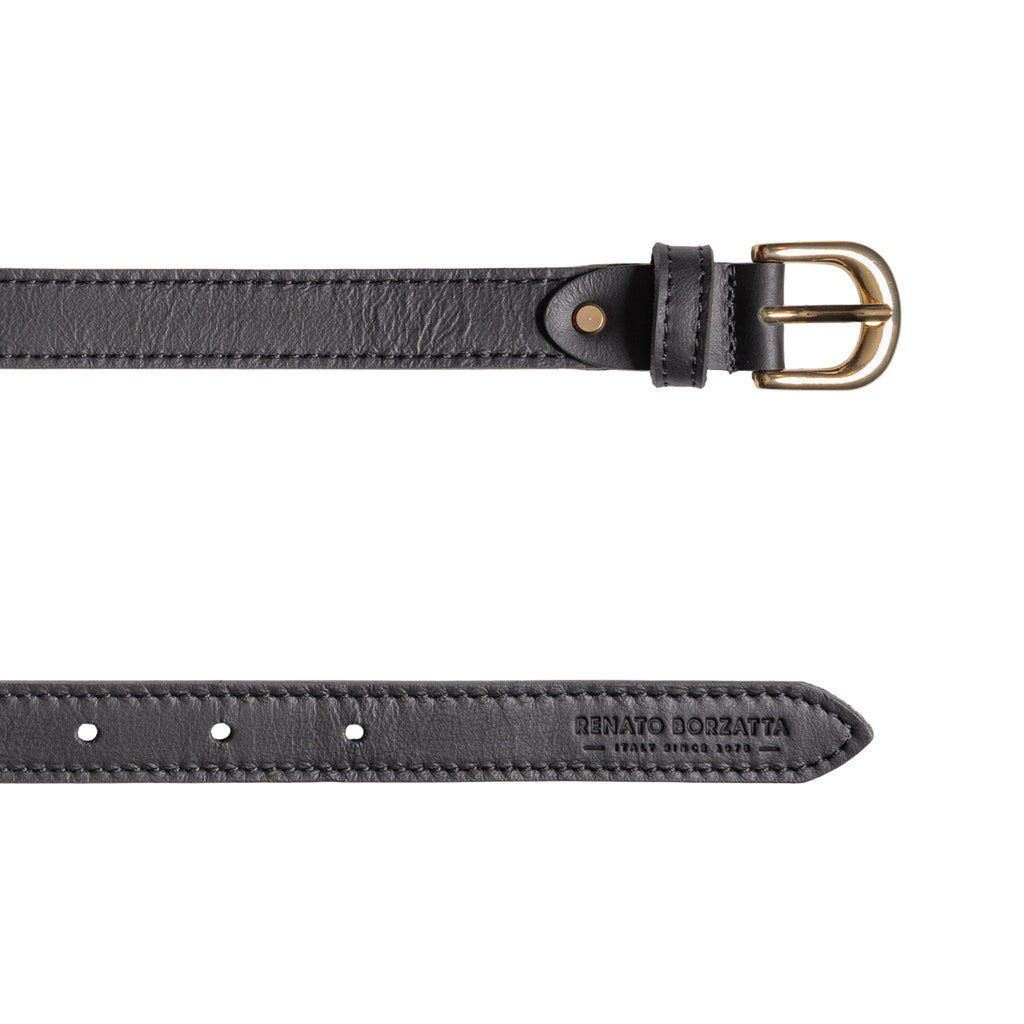 RB4018A | Women's Belt Made in Italy in Soft Genuine Sauvage Leather. Polished Gold-Finish Buckle. Black. Dimensions: 115 x 2.0 x 0.5 cm (waistline 100 cm)