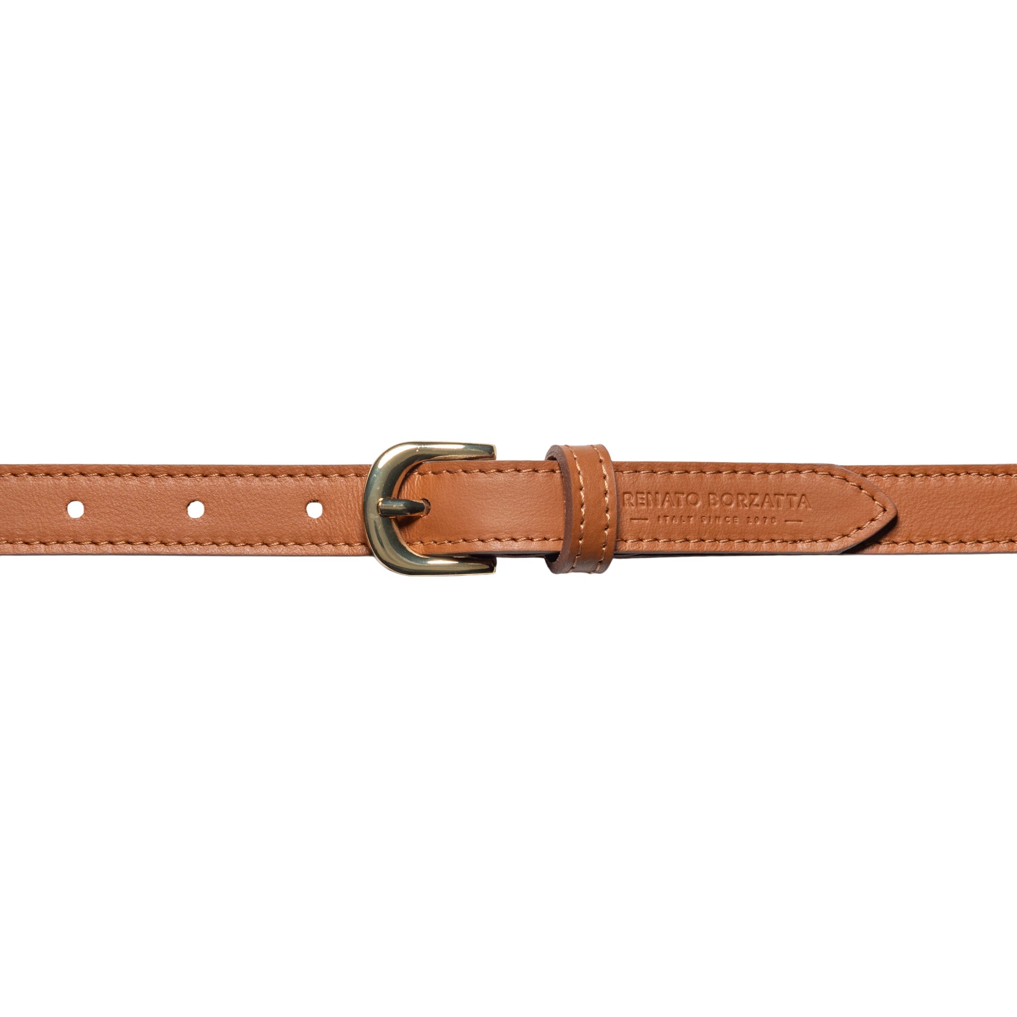RB4018S | Women's Belt Made in Italy in Soft Genuine Sauvage Leather. Polished Gold-Finish Buckle. Cognac Color. Dimensions: 115 x 2.0 x 0.5 cm (waistline 100 cm)