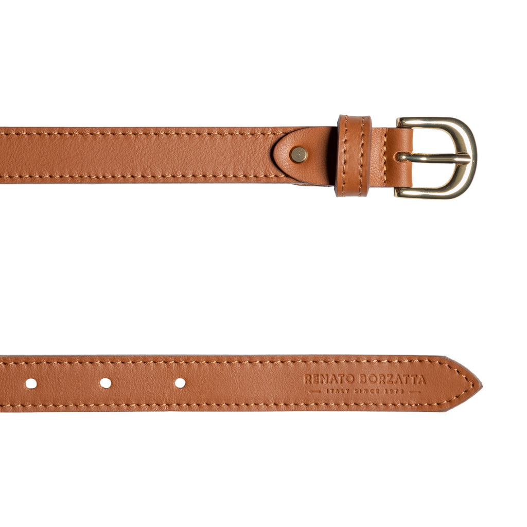 RB4018S | Women's Belt Made in Italy in Soft Genuine Sauvage Leather. Polished Gold-Finish Buckle. Cognac Color. Dimensions: 115 x 2.0 x 0.5 cm (waistline 100 cm)