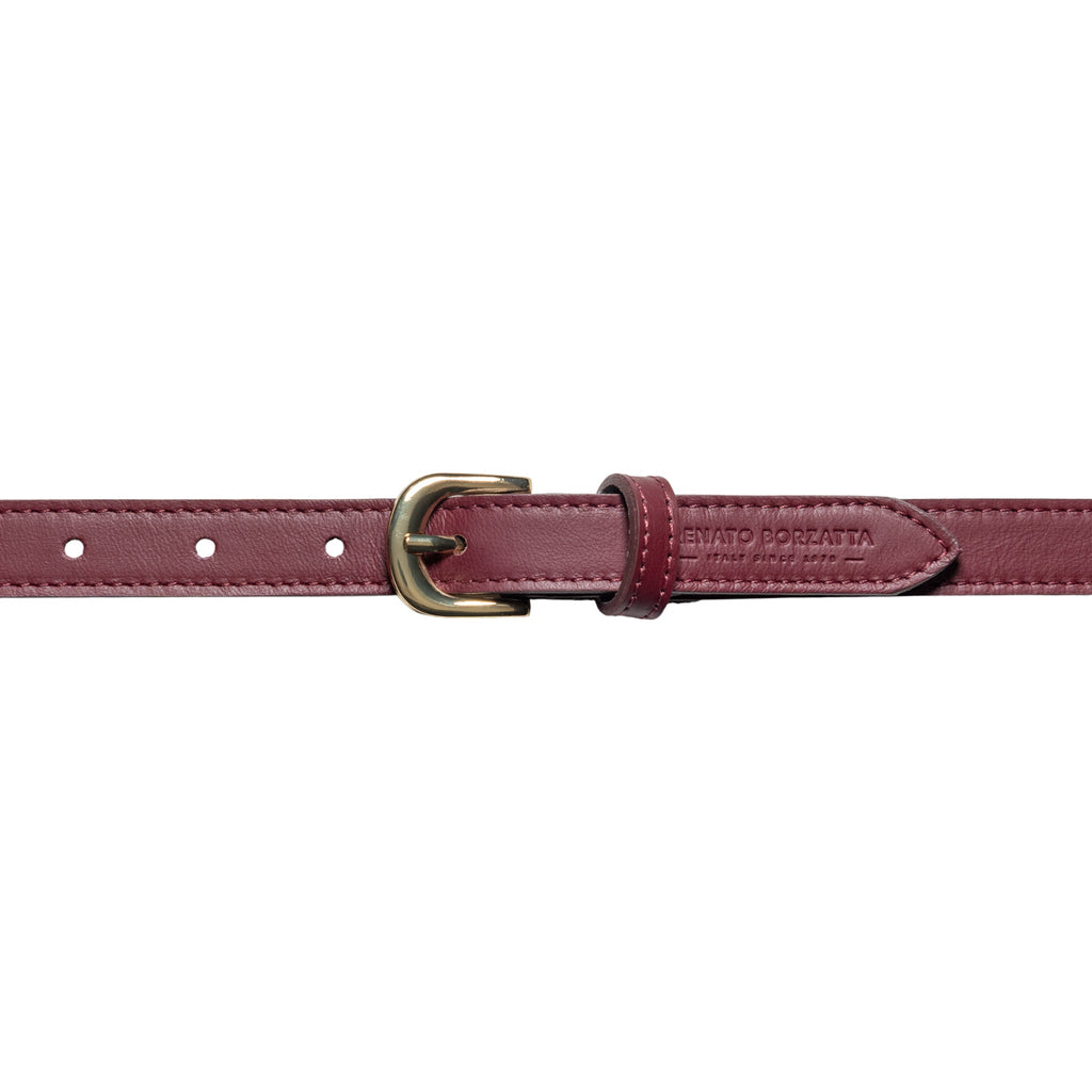 RB4018X | Women's Belt Made in Italy in Soft Genuine Sauvage Leather. Polished Gold-finish buckle. Burgundy color. Dimensions: 115 x 2.0 x 0.5 cm (waistline 100 cm)
