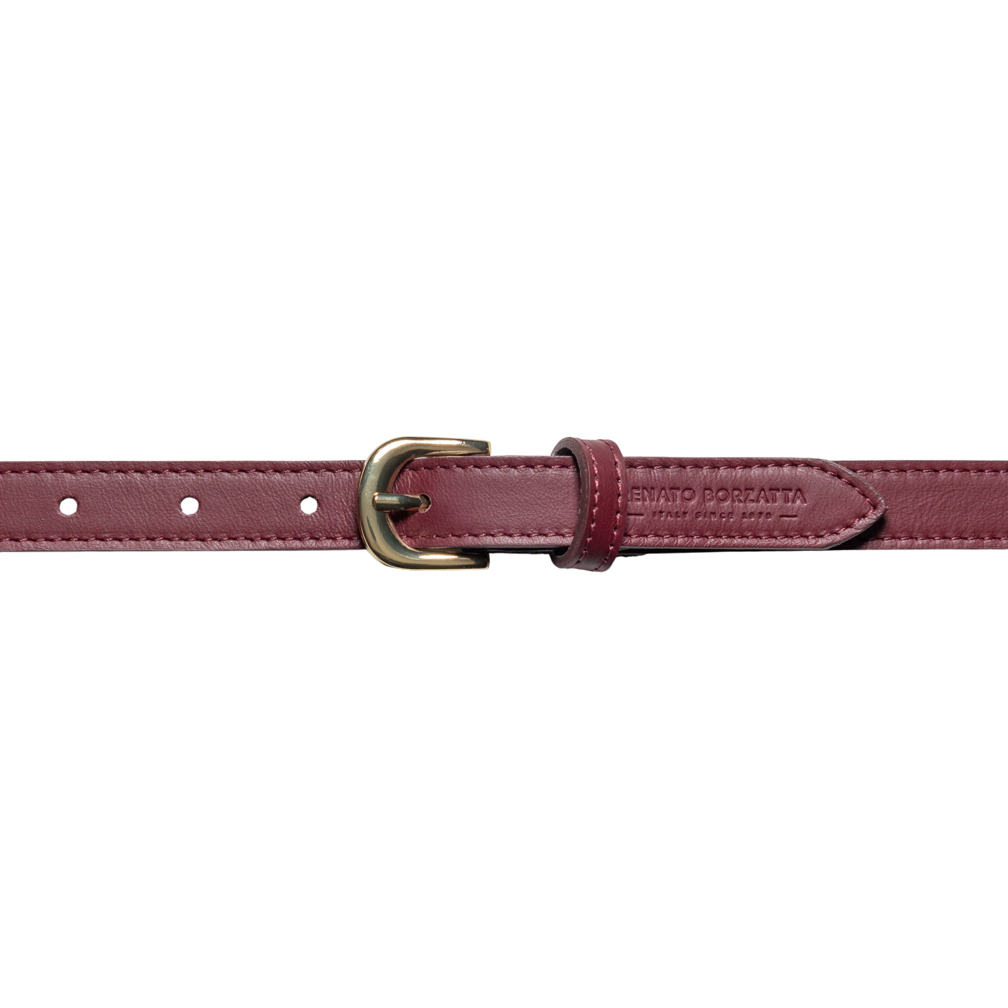RB4018X | Women's Belt Made in Italy in Soft Genuine Sauvage Leather. Polished Gold-finish buckle. Burgundy color. Dimensions: 115 x 2.0 x 0.5 cm (waistline 100 cm)