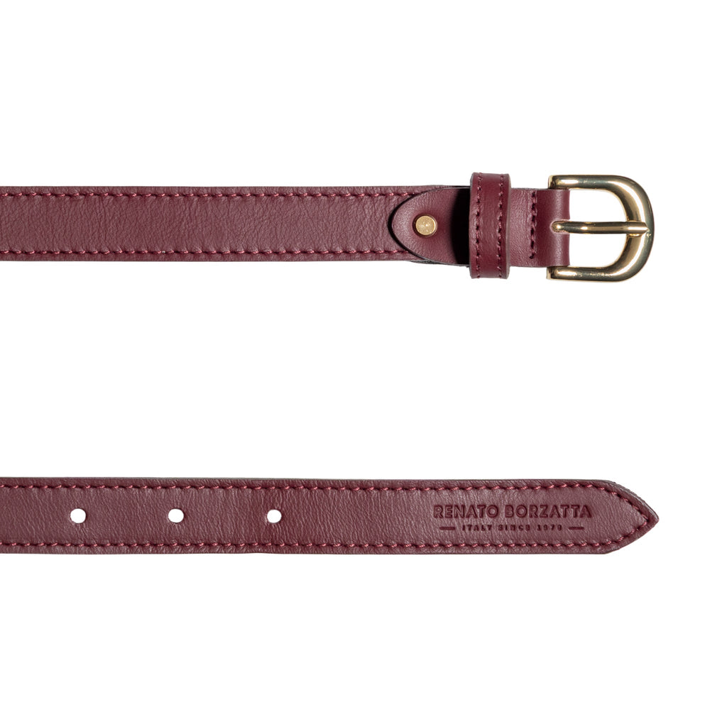 RB4018X | Women's Belt Made in Italy in Soft Genuine Sauvage Leather. Polished Gold-finish buckle. Burgundy color. Dimensions: 115 x 2.0 x 0.5 cm (waistline 100 cm)