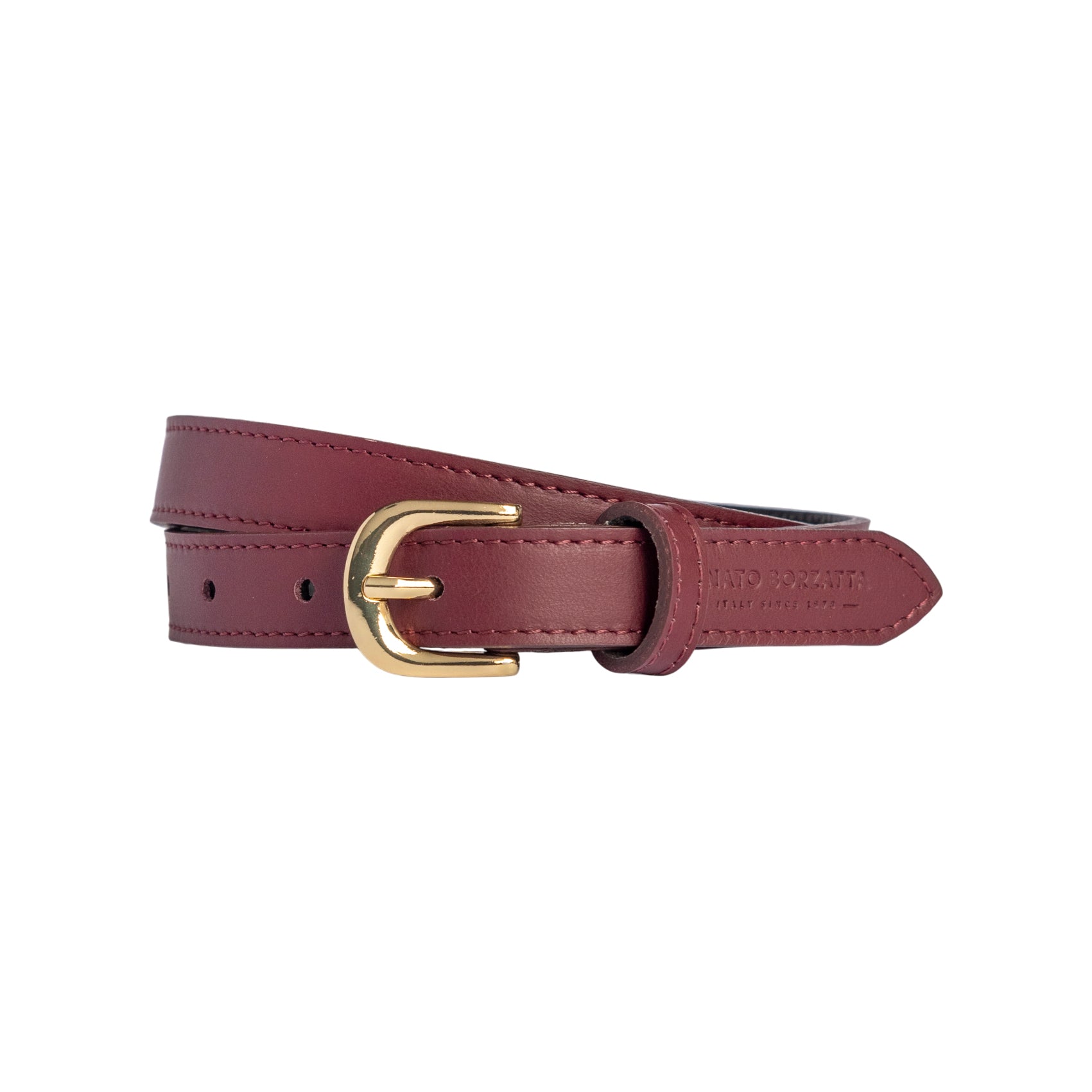 RB4018X | Women's Belt Made in Italy in Soft Genuine Sauvage Leather. Polished Gold-finish buckle. Burgundy color. Dimensions: 115 x 2.0 x 0.5 cm (waistline 100 cm)