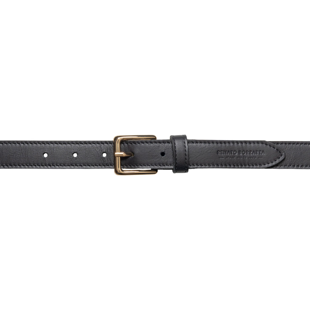RB4019A | Women's Belt Made in Italy in Soft Genuine Sauvage Leather. Polished Gold-finish buckle. Black. Dimensions: 115 x 2.5 x 0.5 cm (waistline 100 cm)
