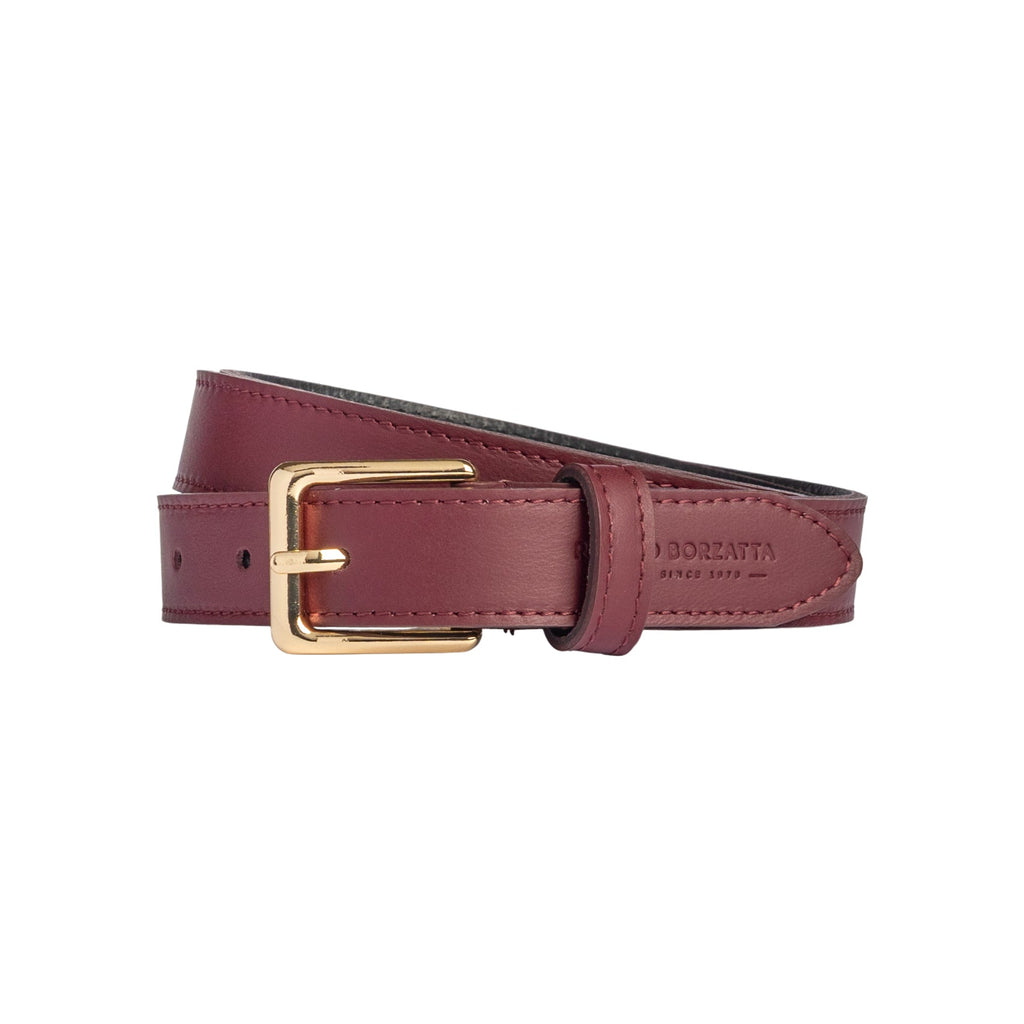 RB4019X | Women's Belt Made in Italy in Genuine Soft Sauvage Leather. Polished Gold-finish buckle. Bordeaux color. Dimensions: 115 x 2.5 x 0.5 cm (waistline 100 cm)