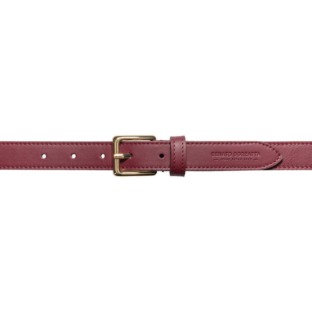 RB4019X | Women's Belt Made in Italy in Genuine Soft Sauvage Leather. Polished Gold-finish buckle. Bordeaux color. Dimensions: 115 x 2.5 x 0.5 cm (waistline 100 cm)