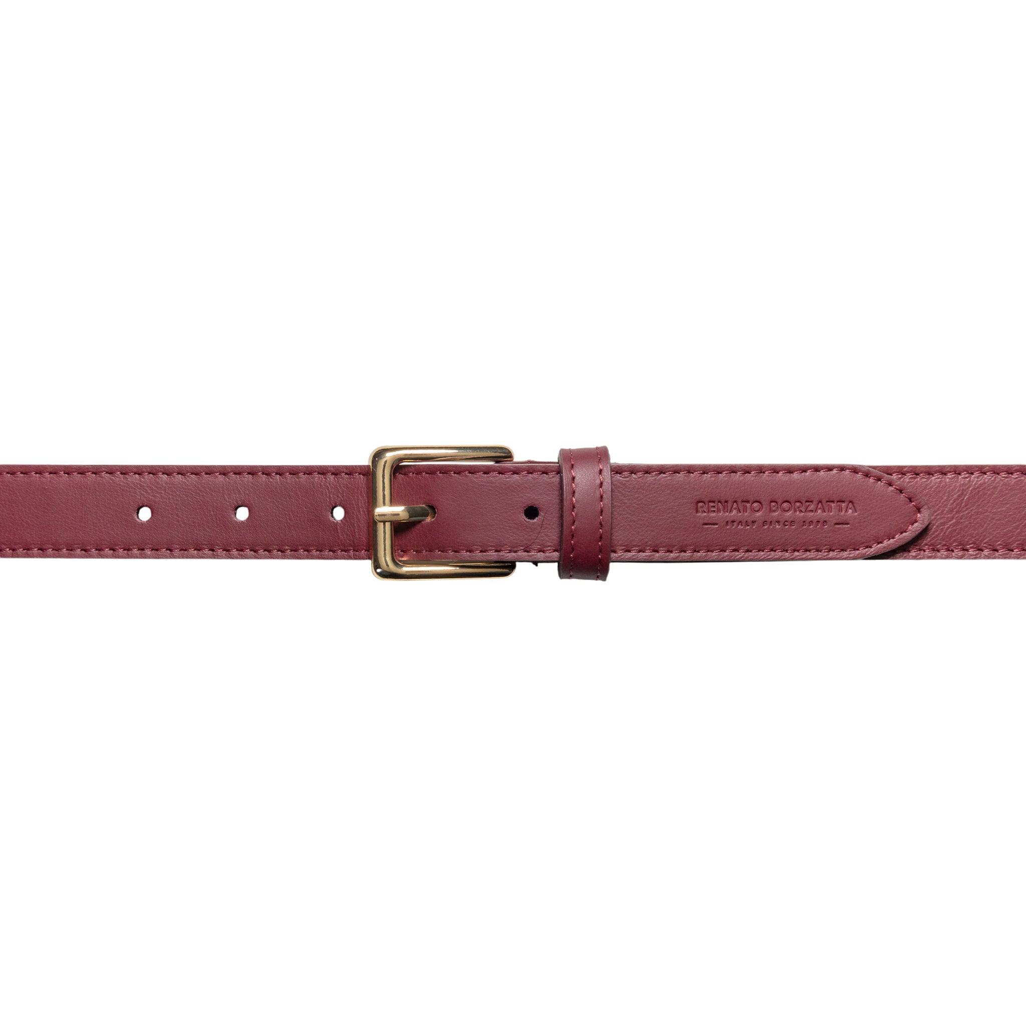 RB4019X | Women's Belt Made in Italy in Genuine Soft Sauvage Leather. Polished Gold-finish buckle. Bordeaux color. Dimensions: 115 x 2.5 x 0.5 cm (waistline 100 cm)