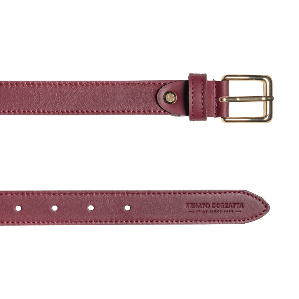 RB4019X | Women's Belt Made in Italy in Genuine Soft Sauvage Leather. Polished Gold-finish buckle. Bordeaux color. Dimensions: 115 x 2.5 x 0.5 cm (waistline 100 cm)