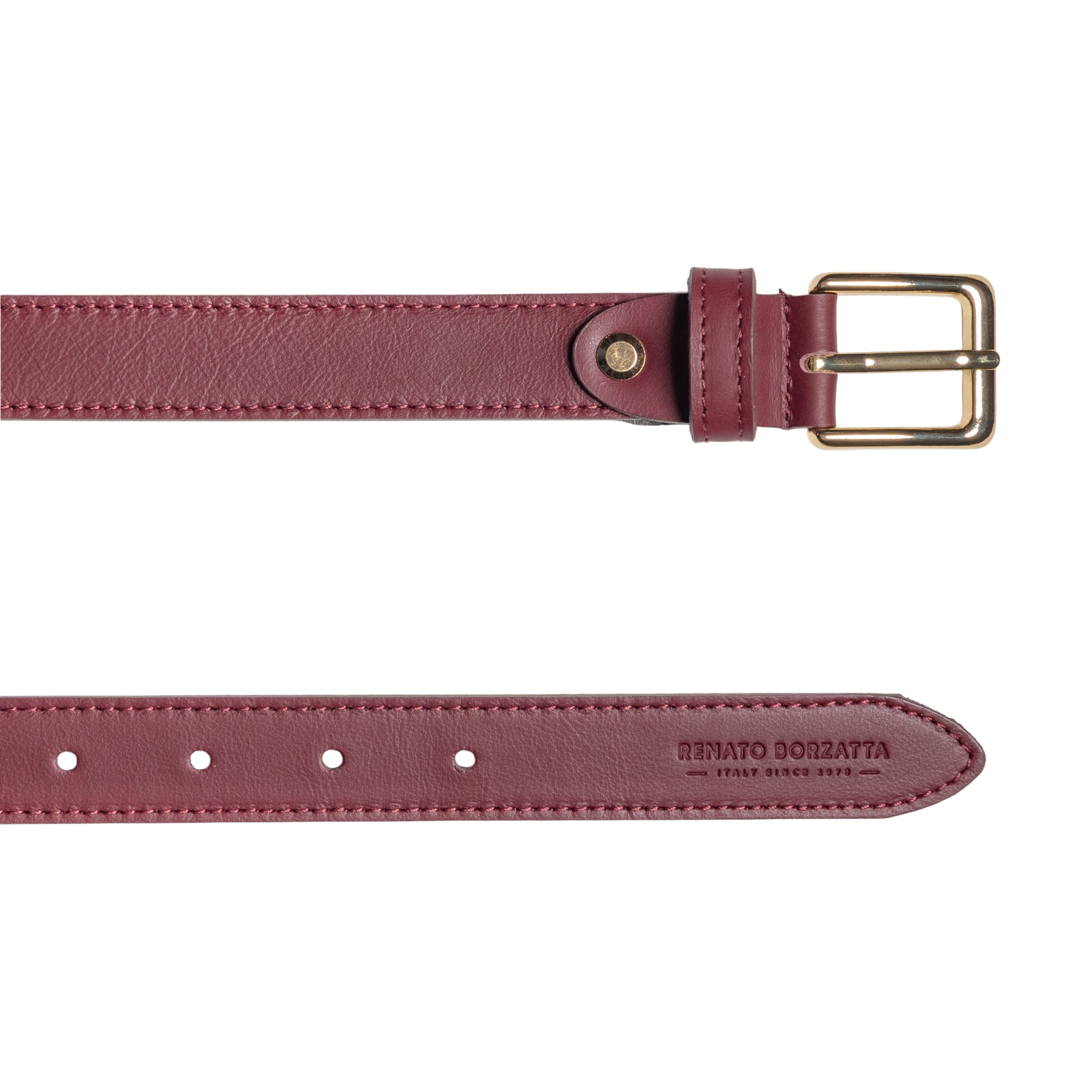 RB4019X | Women's Belt Made in Italy in Genuine Soft Sauvage Leather. Polished Gold-finish buckle. Bordeaux color. Dimensions: 115 x 2.5 x 0.5 cm (waistline 100 cm)