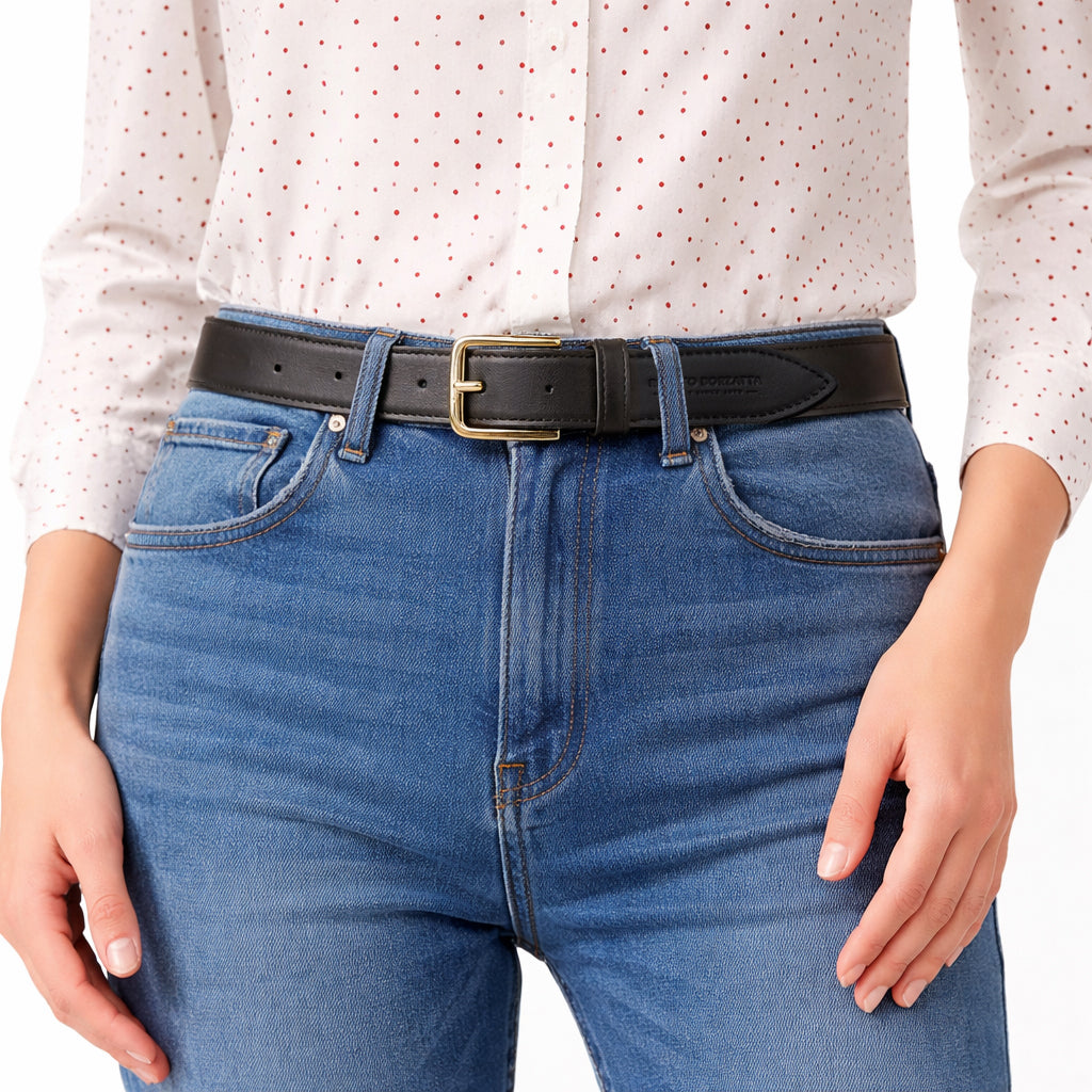 RB4020A | Women's Belt Made in Italy in Soft Genuine Sauvage Leather. Polished Gold-Finish Buckle. Black. Dimensions: 115 x 3.0 x 0.5 cm (waistline 100 cm)
