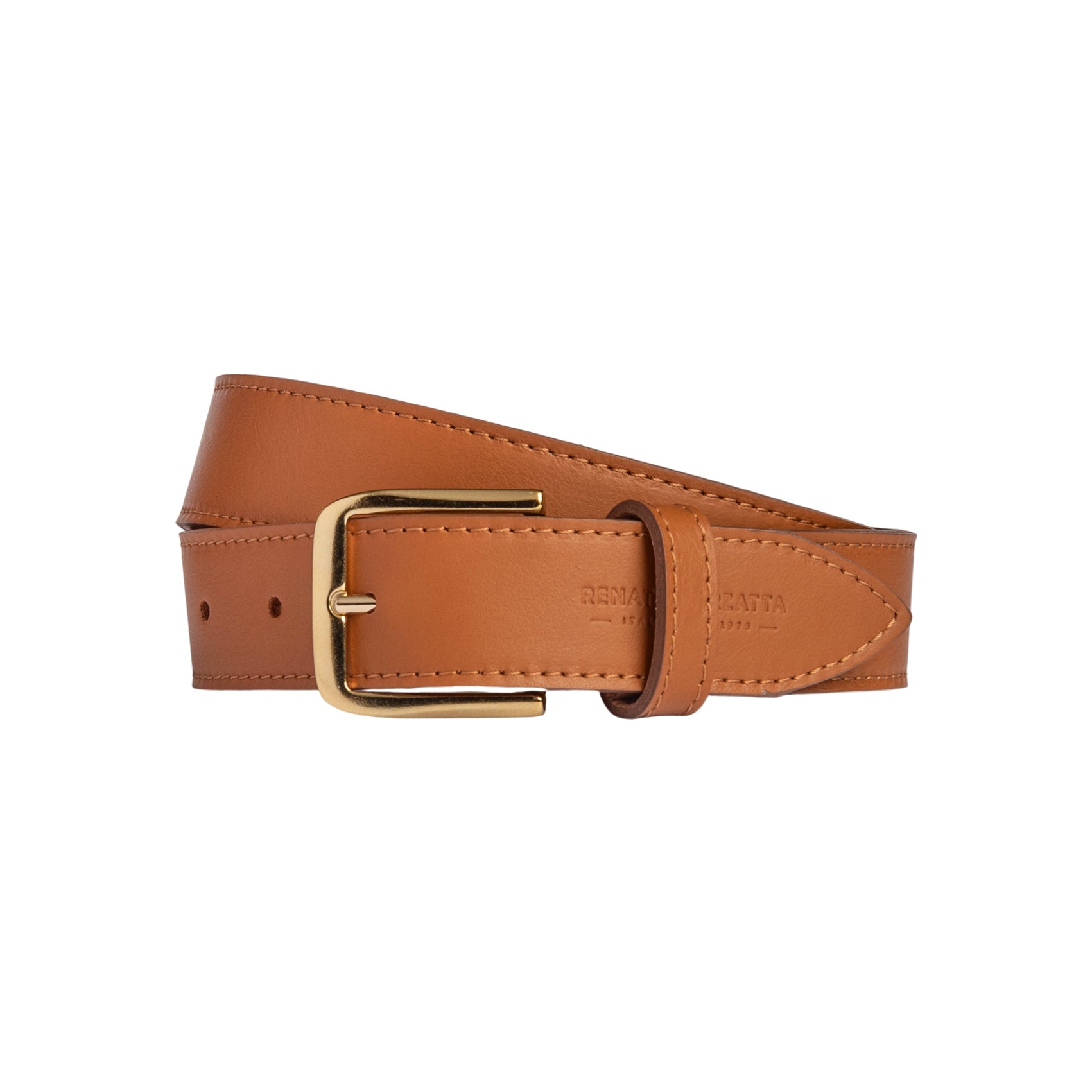 RB4020S | Women's Belt Made in Italy in Soft Genuine Sauvage Leather. Polished Gold-finish buckle. Cognac color. Dimensions: 115 x 3.0 x 0.5 cm (waistline 100 cm)