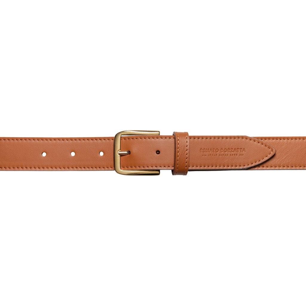 RB4020S | Women's Belt Made in Italy in Soft Genuine Sauvage Leather. Polished Gold-finish buckle. Cognac color. Dimensions: 115 x 3.0 x 0.5 cm (waistline 100 cm)