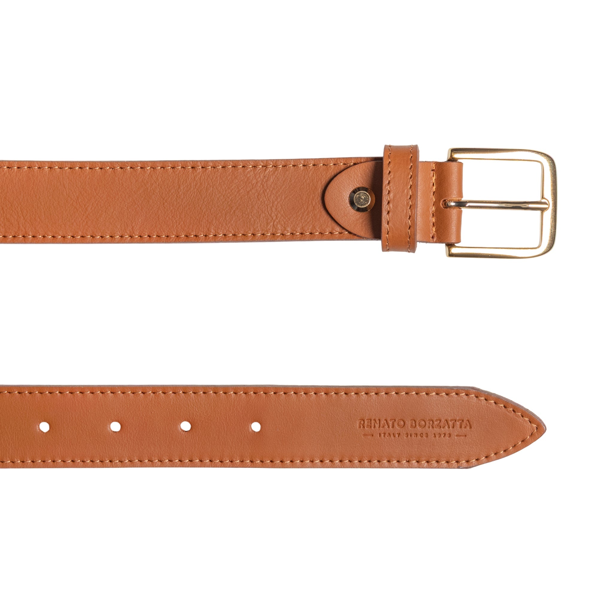 RB4020S | Women's Belt Made in Italy in Soft Genuine Sauvage Leather. Polished Gold-finish buckle. Cognac color. Dimensions: 115 x 3.0 x 0.5 cm (waistline 100 cm)