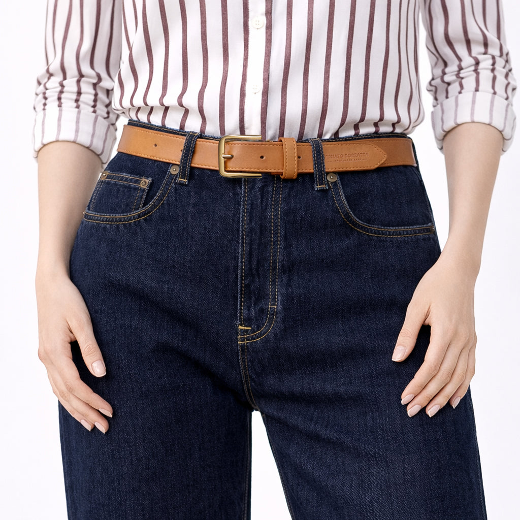 RB4020S | Women's Belt Made in Italy in Soft Genuine Sauvage Leather. Polished Gold-finish buckle. Cognac color. Dimensions: 115 x 3.0 x 0.5 cm (waistline 100 cm)