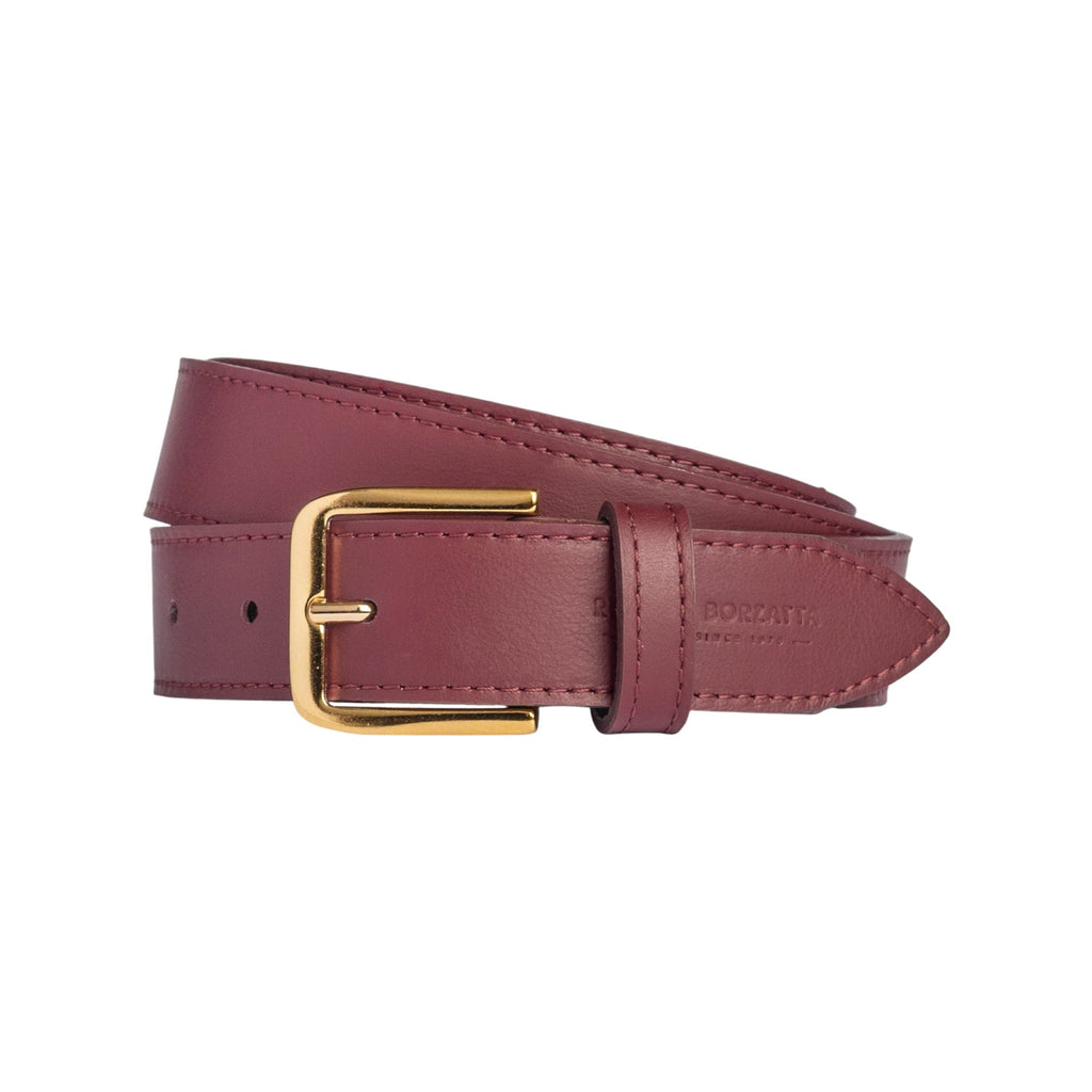 RB4020X | Women's Belt Made in Italy in Soft Genuine Sauvage Leather. Polished Gold-finish buckle. Bordeaux color. Dimensions: 115 x 3.0 x 0.5 cm (waistline 100 cm)