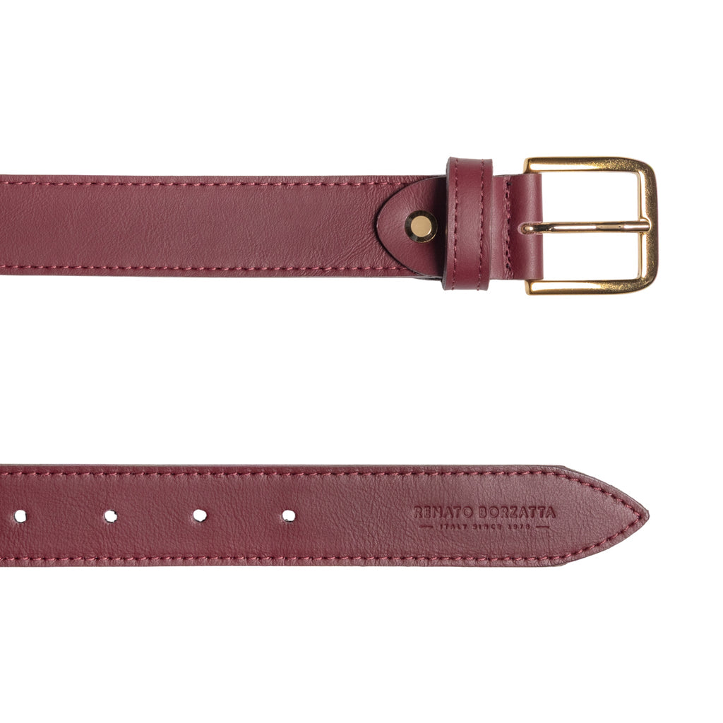 RB4020X | Women's Belt Made in Italy in Soft Genuine Sauvage Leather. Polished Gold-finish buckle. Bordeaux color. Dimensions: 115 x 3.0 x 0.5 cm (waistline 100 cm)