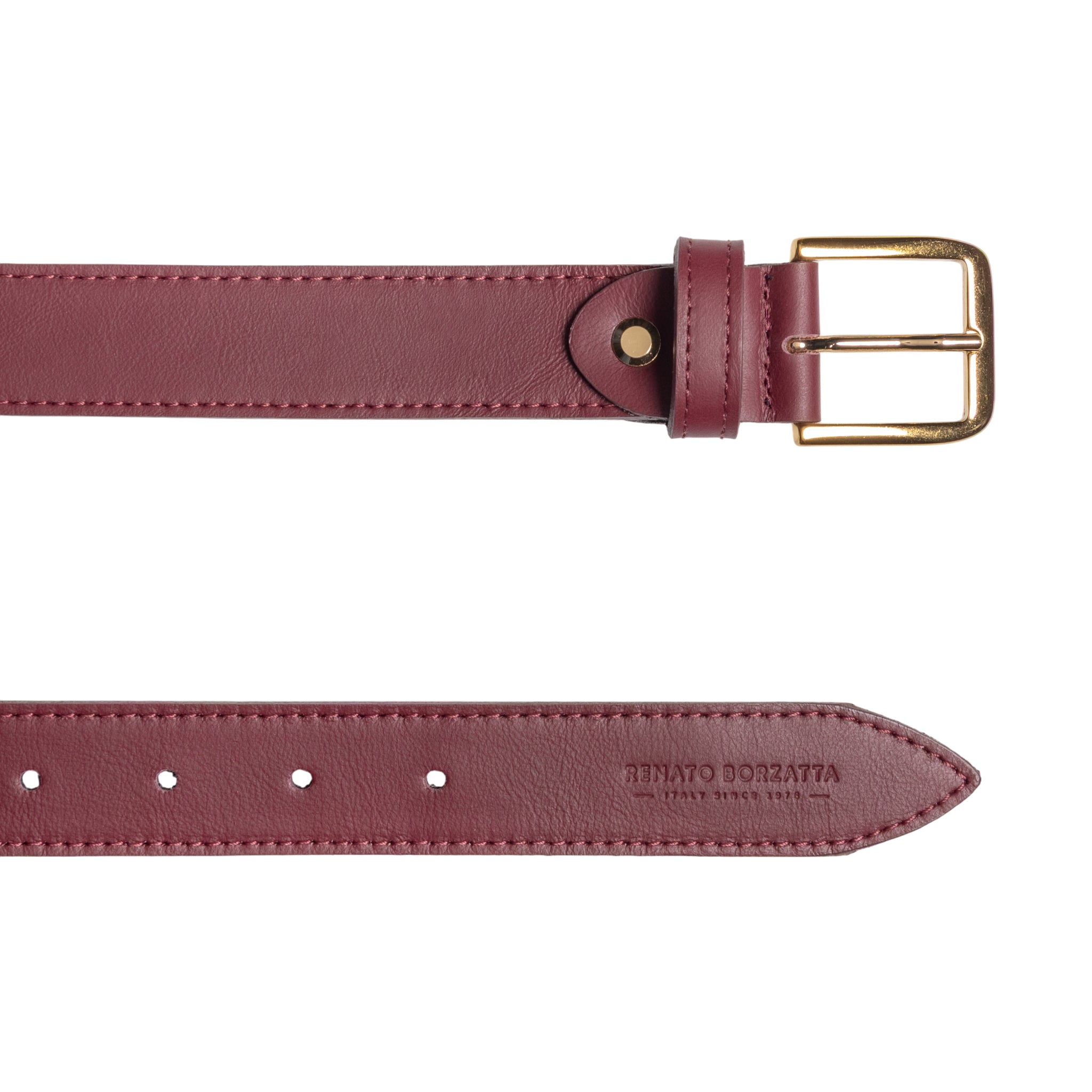 RB4020X | Women's Belt Made in Italy in Soft Genuine Sauvage Leather. Polished Gold-finish buckle. Bordeaux color. Dimensions: 115 x 3.0 x 0.5 cm (waistline 100 cm)