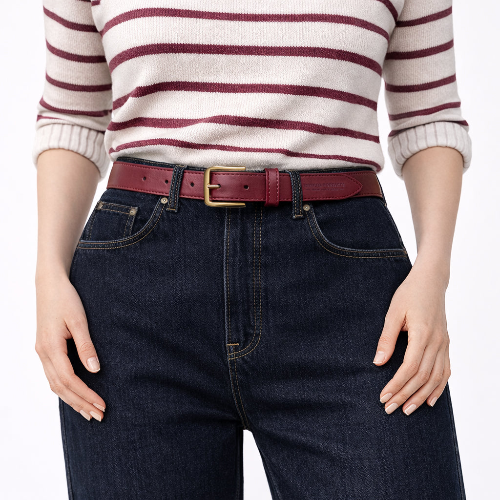 RB4020X | Women's Belt Made in Italy in Soft Genuine Sauvage Leather. Polished Gold-finish buckle. Bordeaux color. Dimensions: 115 x 3.0 x 0.5 cm (waistline 100 cm)