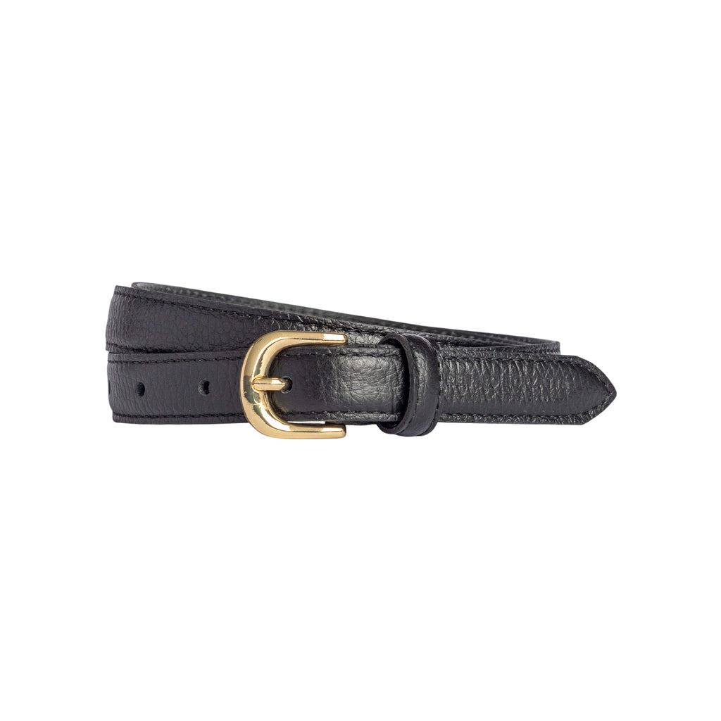 RB4021A | Women's Belt Made in Italy in Genuine Dollar Grain Leather. Polished Gold-Finish Buckle. Black. Dimensions: 115 x 2.0 x 0.5 cm (waistline 100 cm)