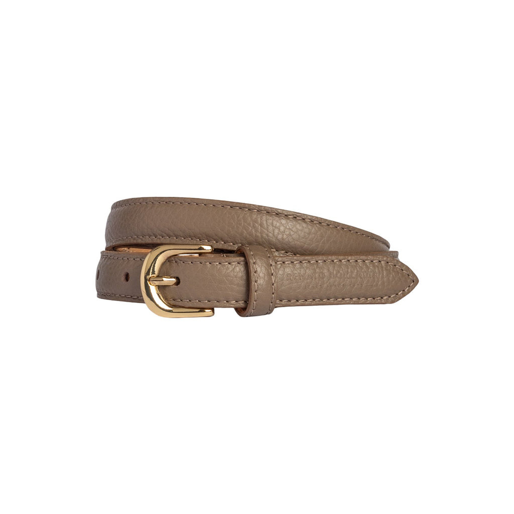 RB4021AQ | Women's Belt Made in Italy in Genuine Dollar Grain Leather. Polished Gold-Finish Buckle. Taupe Color. Dimensions: 115 x 2.0 x 0.5 cm (waistline 100 cm)