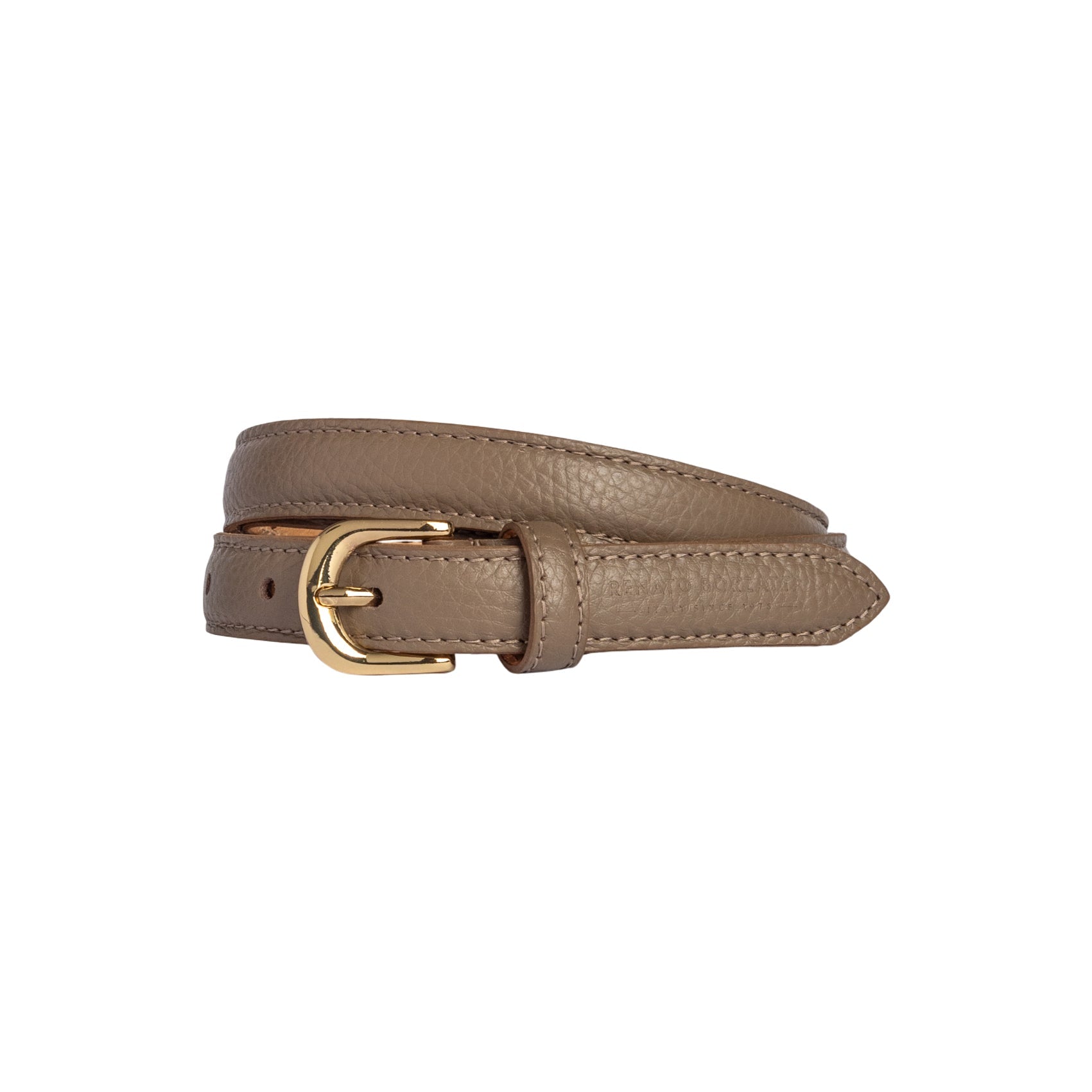 RB4021AQ | Women's Belt Made in Italy in Genuine Dollar Grain Leather. Polished Gold-Finish Buckle. Taupe Color. Dimensions: 115 x 2.0 x 0.5 cm (waistline 100 cm)