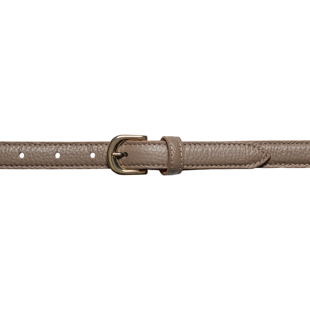 RB4021AQ | Women's Belt Made in Italy in Genuine Dollar Grain Leather. Polished Gold-Finish Buckle. Taupe Color. Dimensions: 115 x 2.0 x 0.5 cm (waistline 100 cm)