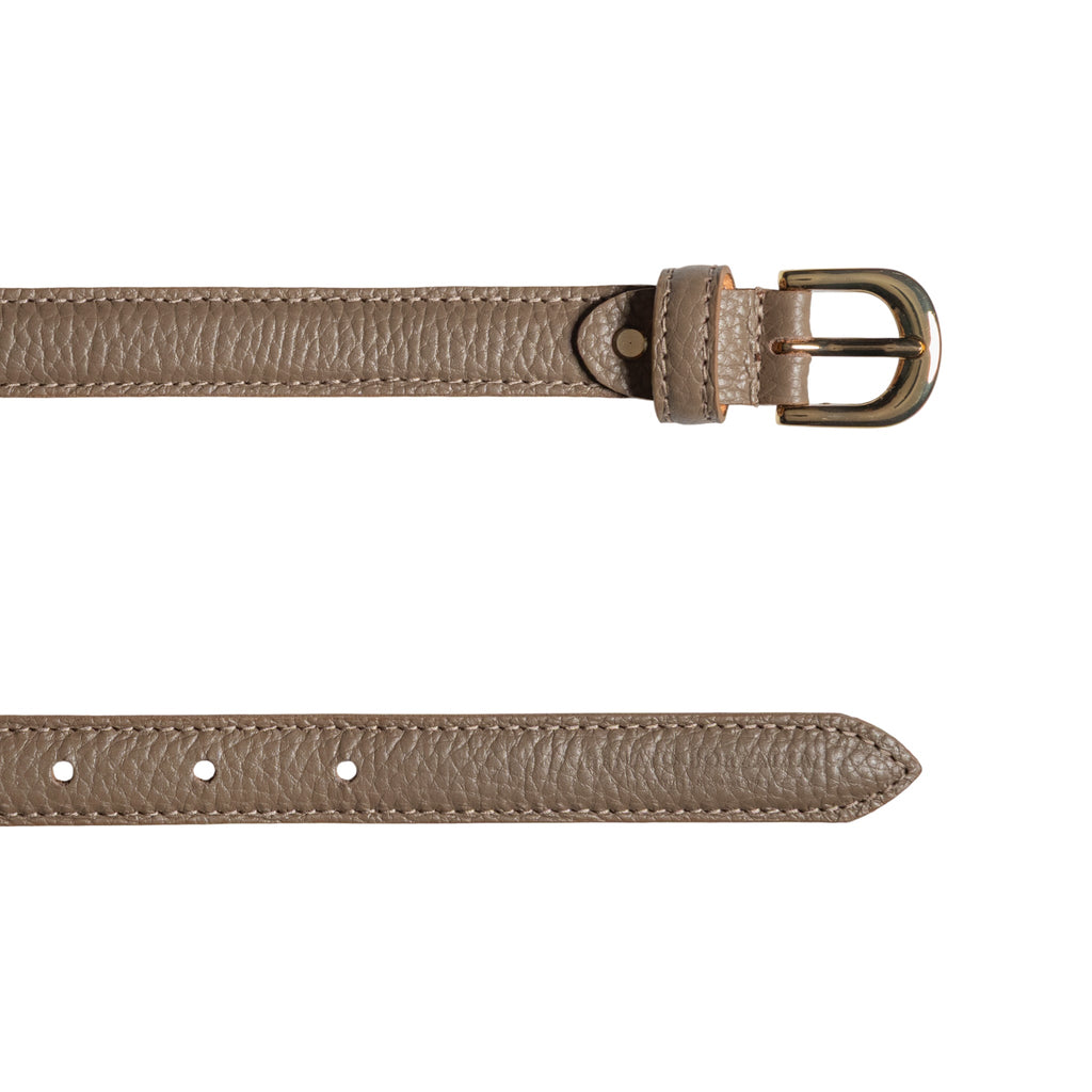 RB4021AQ | Women's Belt Made in Italy in Genuine Dollar Grain Leather. Polished Gold-Finish Buckle. Taupe Color. Dimensions: 115 x 2.0 x 0.5 cm (waistline 100 cm)