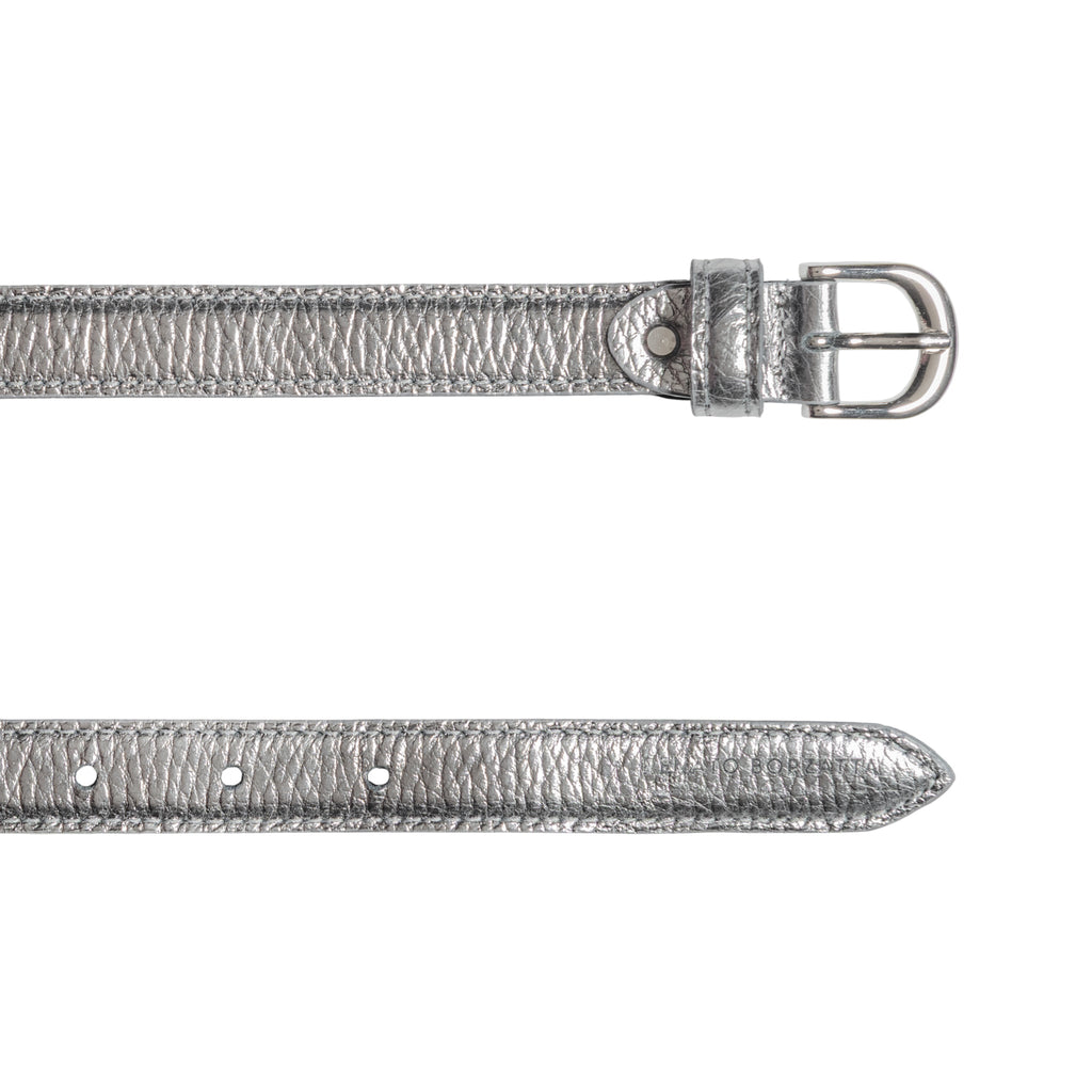 RB4021AY | Women's Belt Made in Italy in Genuine Dollar Grain Leather. Polished Silver Buckle. Gunmetal Color. Dimensions: 115 x 2.0 x 0.5 cm (waistline 100 cm)