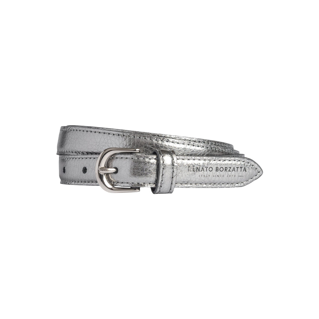 RB4021AY | Women's Belt Made in Italy in Genuine Dollar Grain Leather. Polished Silver Buckle. Gunmetal Color. Dimensions: 115 x 2.0 x 0.5 cm (waistline 100 cm)
