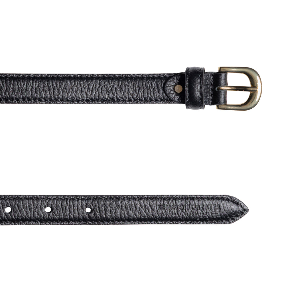 RB4021A | Women's Belt Made in Italy in Genuine Dollar Grain Leather. Polished Gold-Finish Buckle. Black. Dimensions: 115 x 2.0 x 0.5 cm (waistline 100 cm)
