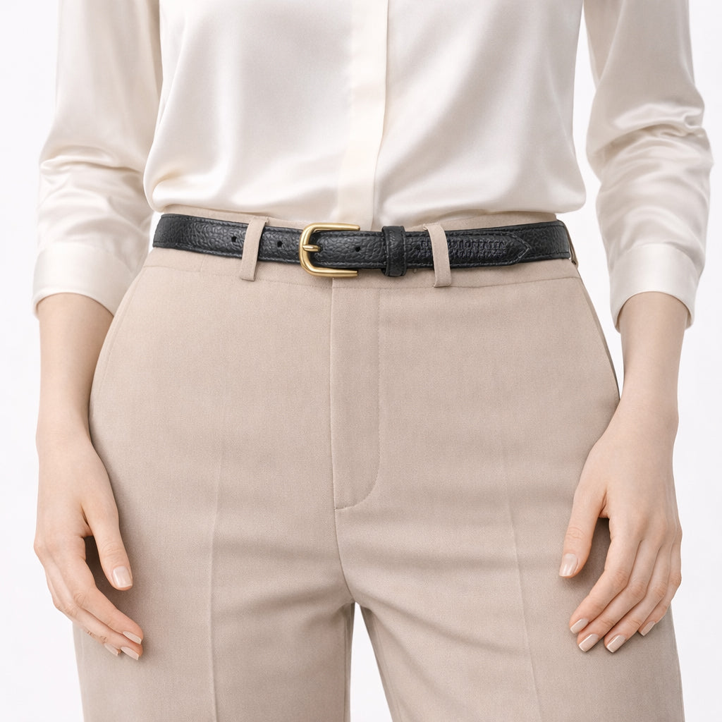 RB4021A | Women's Belt Made in Italy in Genuine Dollar Grain Leather. Polished Gold-Finish Buckle. Black. Dimensions: 115 x 2.0 x 0.5 cm (waistline 100 cm)