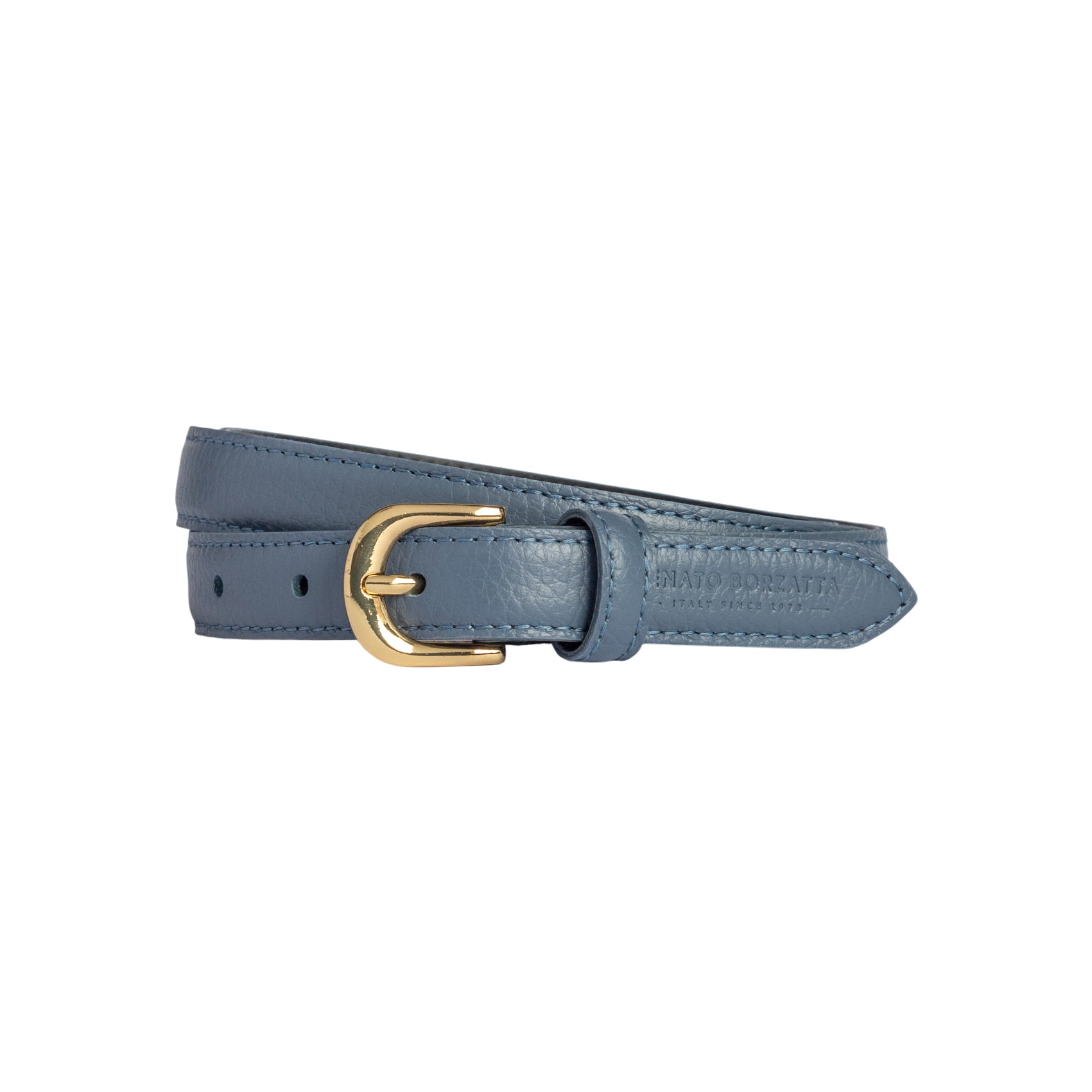 RB4021P | Women's Belt Made in Italy in Genuine Dollar Grain Leather. Polished Gold-Finish Buckle. Color: Air Force Blue. Dimensions: 115 x 2.0 x 0.5 cm (waistline 100 cm)