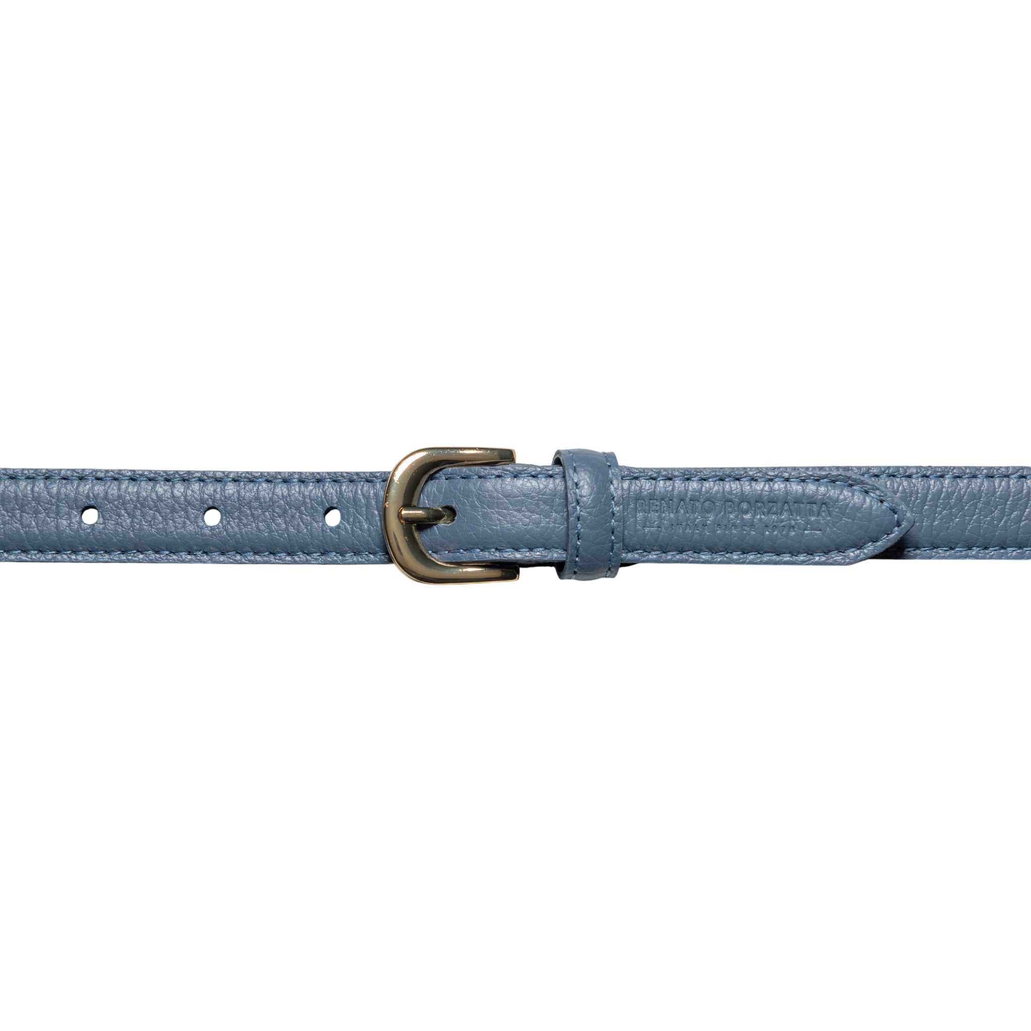 RB4021P | Women's Belt Made in Italy in Genuine Dollar Grain Leather. Polished Gold-Finish Buckle. Color: Air Force Blue. Dimensions: 115 x 2.0 x 0.5 cm (waistline 100 cm)