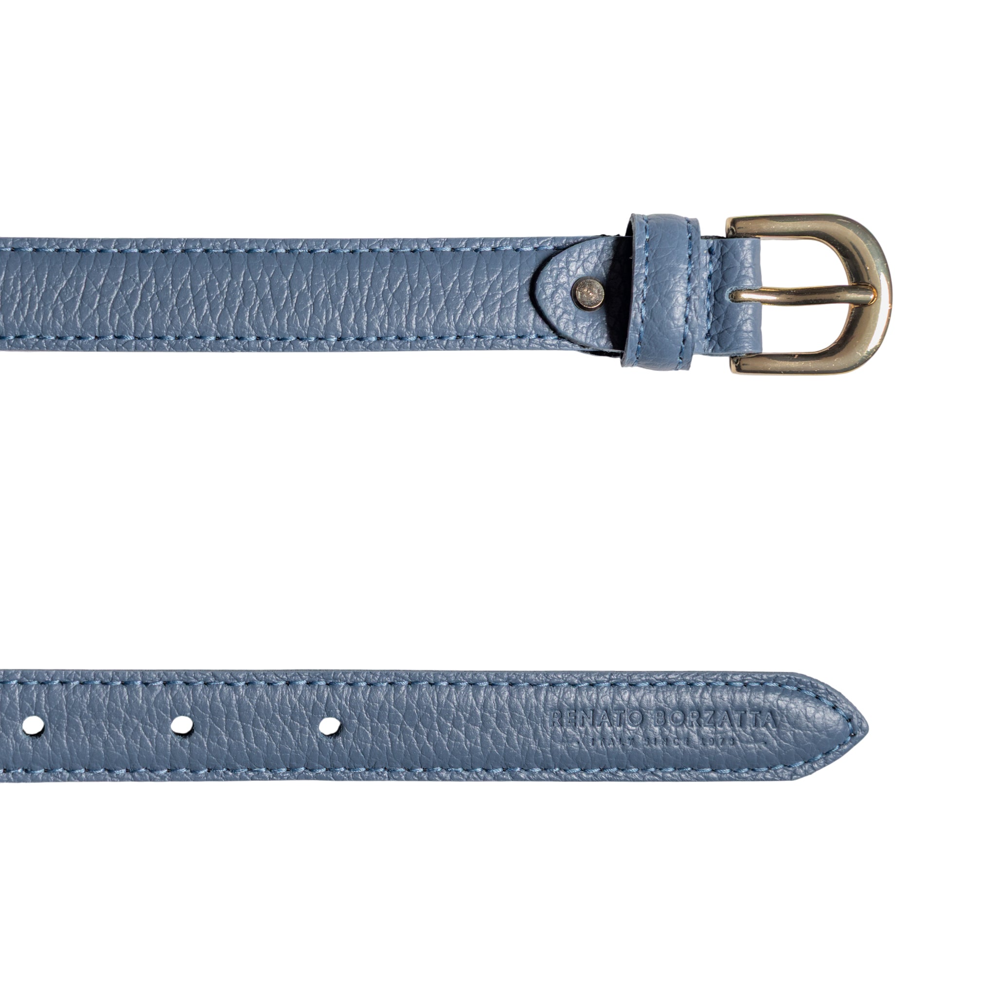 RB4021P | Women's Belt Made in Italy in Genuine Dollar Grain Leather. Polished Gold-Finish Buckle. Color: Air Force Blue. Dimensions: 115 x 2.0 x 0.5 cm (waistline 100 cm)