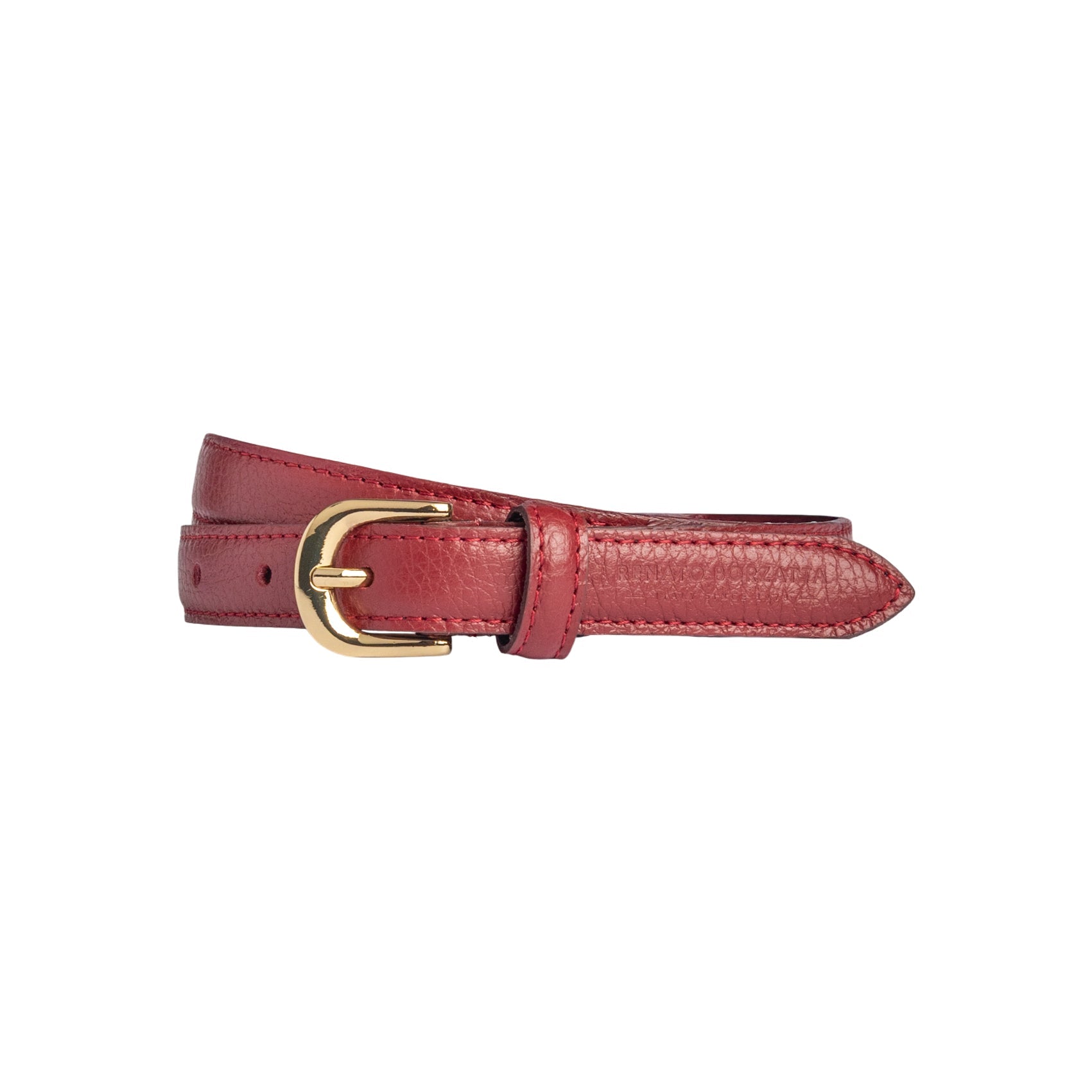 RB4021Q | Women's Belt Made in Italy in Genuine Dollar Grain Leather. Polished Gold-Finish Buckle. Ruby Color. Dimensions: 115 x 2.0 x 0.5 cm (waistline 100 cm)