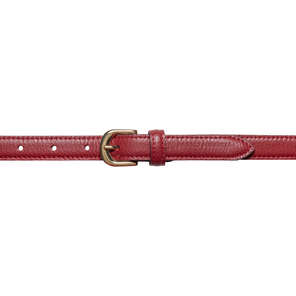 RB4021Q | Women's Belt Made in Italy in Genuine Dollar Grain Leather. Polished Gold-Finish Buckle. Ruby Color. Dimensions: 115 x 2.0 x 0.5 cm (waistline 100 cm)