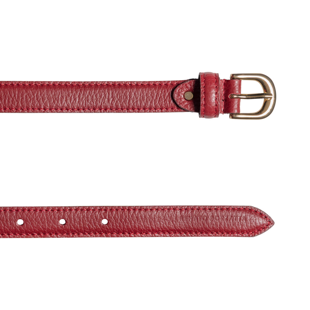 RB4021Q | Women's Belt Made in Italy in Genuine Dollar Grain Leather. Polished Gold-Finish Buckle. Ruby Color. Dimensions: 115 x 2.0 x 0.5 cm (waistline 100 cm)