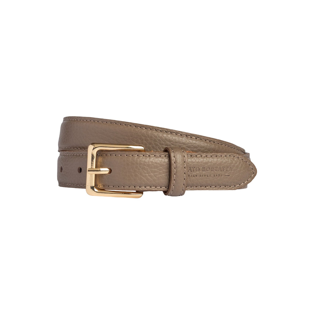 RB4022AQ | Women's Belt Made in Italy in Genuine Dollar Grain Leather. Polished Gold-Finish Buckle. Taupe Color. Dimensions: 115 x 2.5 x 0.5 cm (waistline 100 cm)