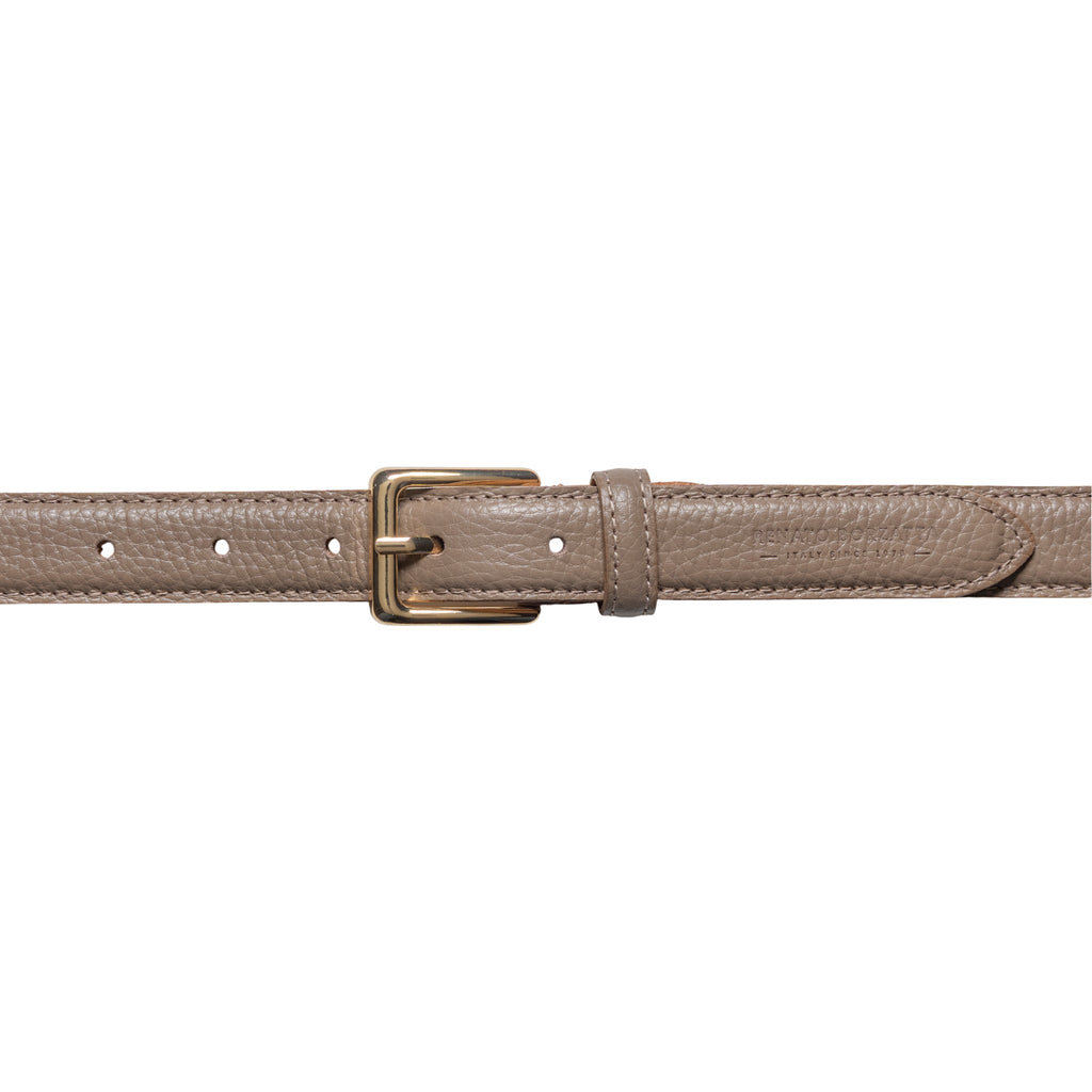 RB4022AQ | Women's Belt Made in Italy in Genuine Dollar Grain Leather. Polished Gold-Finish Buckle. Taupe Color. Dimensions: 115 x 2.5 x 0.5 cm (waistline 100 cm)