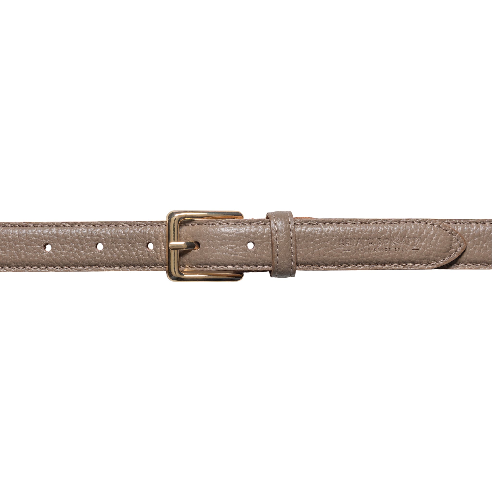 RB4022AQ | Women's Belt Made in Italy in Genuine Dollar Grain Leather. Polished Gold-Finish Buckle. Taupe Color. Dimensions: 115 x 2.5 x 0.5 cm (waistline 100 cm)