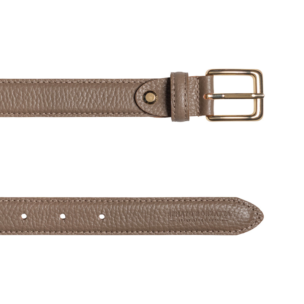 RB4022AQ | Women's Belt Made in Italy in Genuine Dollar Grain Leather. Polished Gold-Finish Buckle. Taupe Color. Dimensions: 115 x 2.5 x 0.5 cm (waistline 100 cm)