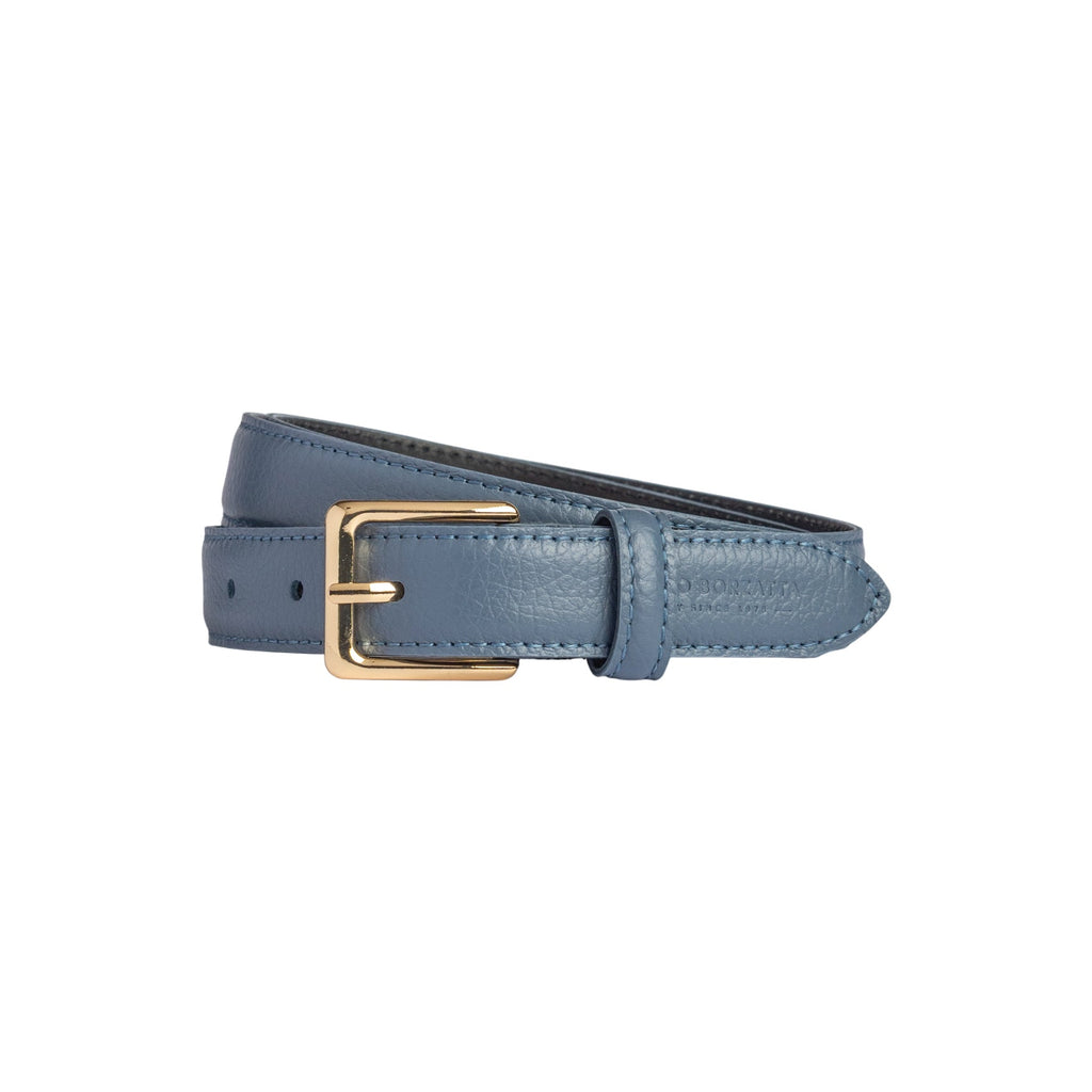 RB4022P | Women's Belt Made in Italy in Genuine Dollar Grain Leather. Polished Gold-Finish Buckle. Color: Air Force Blue. Dimensions: 115 x 2.5 x 0.5 cm (waistline 100 cm)