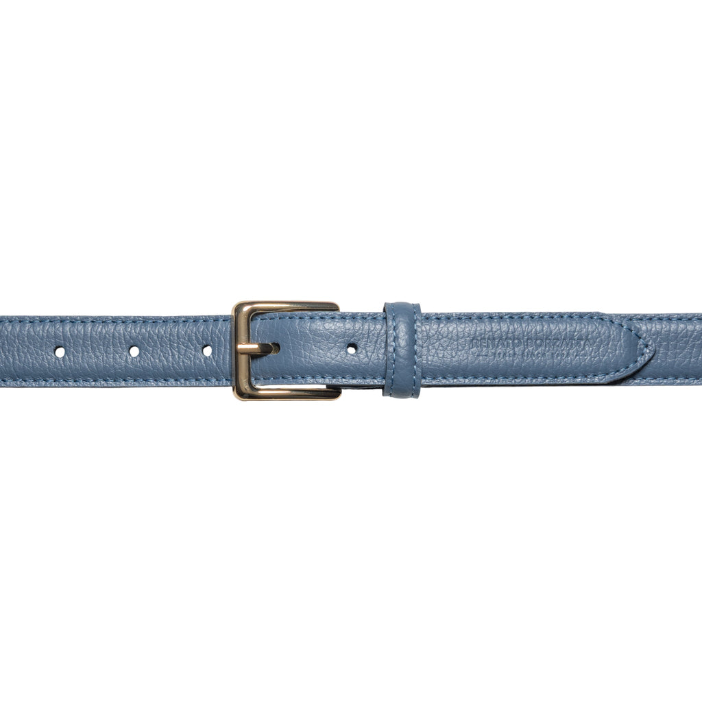 RB4022P | Women's Belt Made in Italy in Genuine Dollar Grain Leather. Polished Gold-Finish Buckle. Color: Air Force Blue. Dimensions: 115 x 2.5 x 0.5 cm (waistline 100 cm)