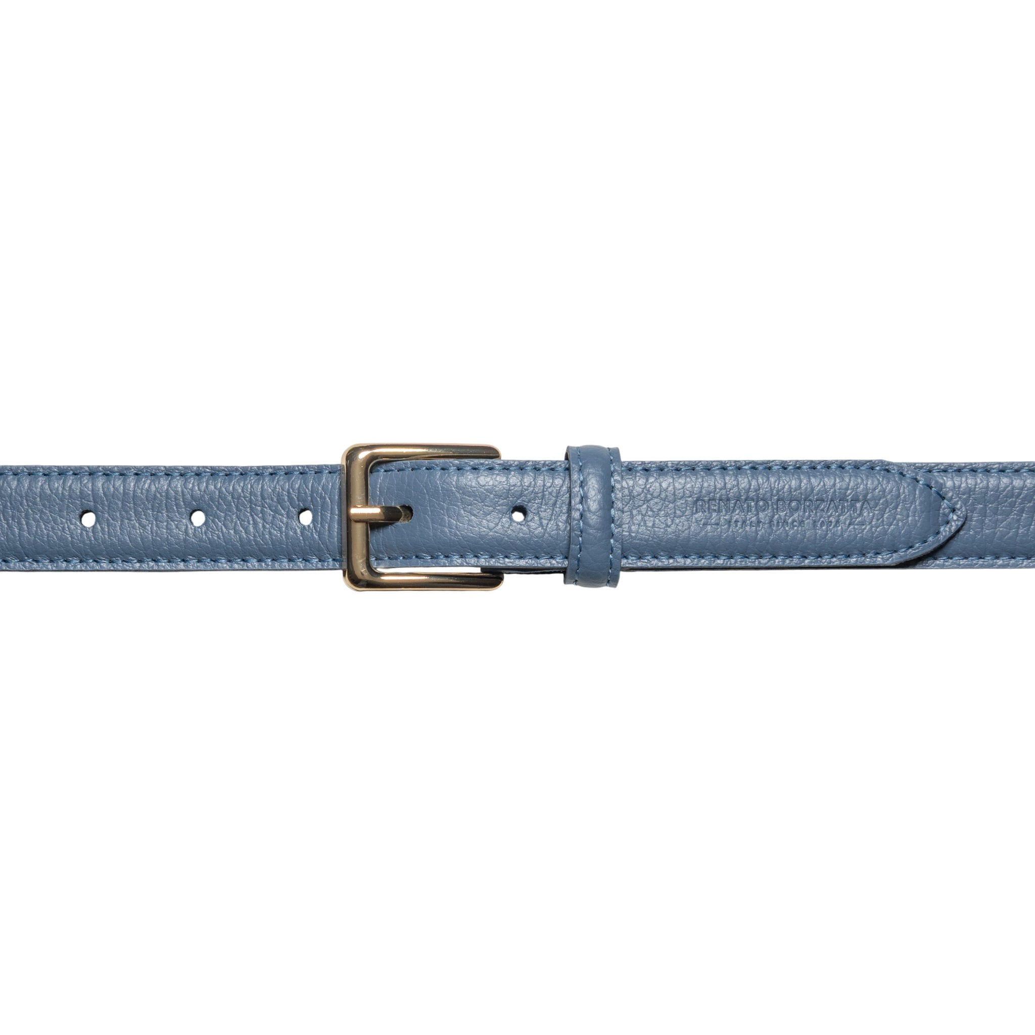 RB4022P | Women's Belt Made in Italy in Genuine Dollar Grain Leather. Polished Gold-Finish Buckle. Color: Air Force Blue. Dimensions: 115 x 2.5 x 0.5 cm (waistline 100 cm)