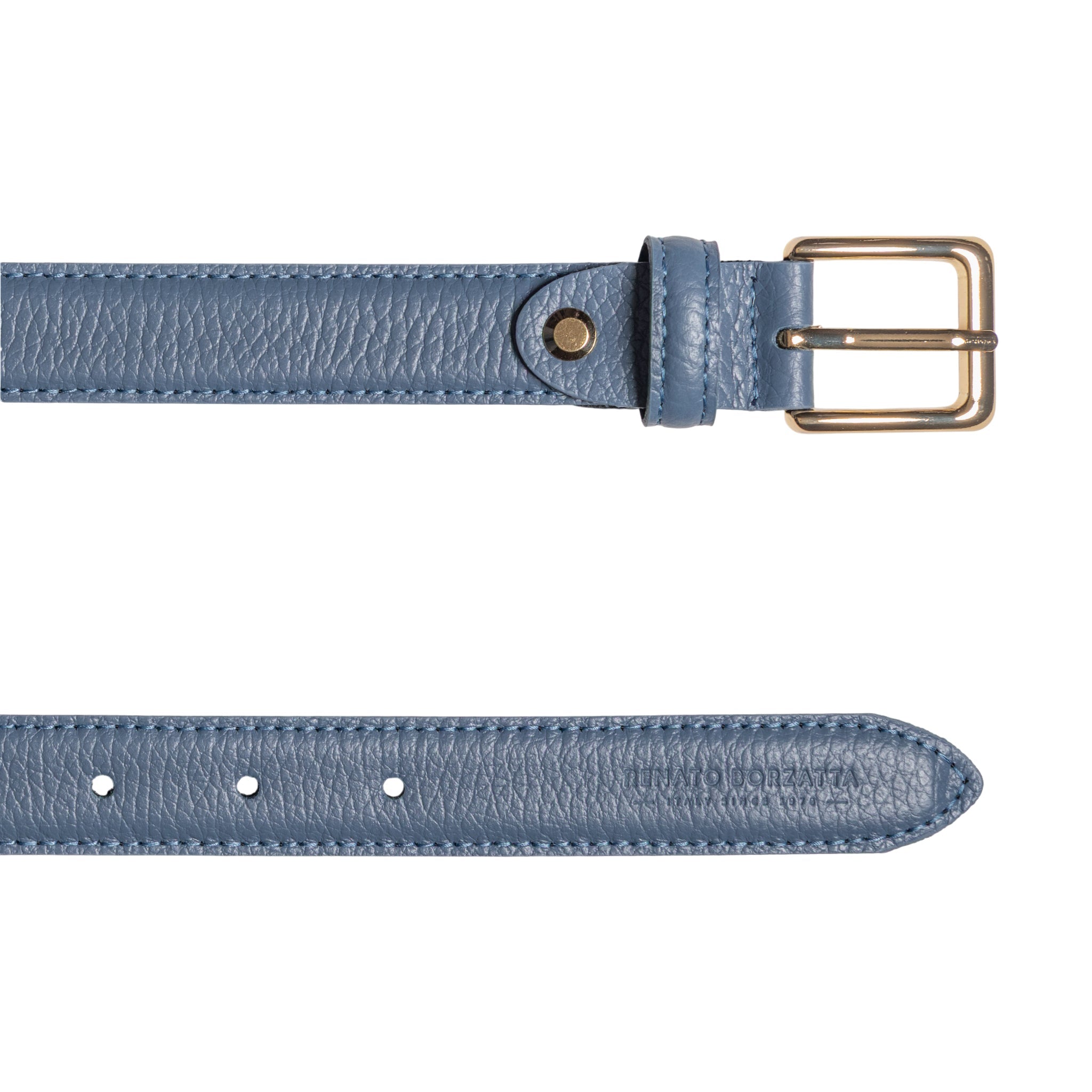 RB4022P | Women's Belt Made in Italy in Genuine Dollar Grain Leather. Polished Gold-Finish Buckle. Color: Air Force Blue. Dimensions: 115 x 2.5 x 0.5 cm (waistline 100 cm)