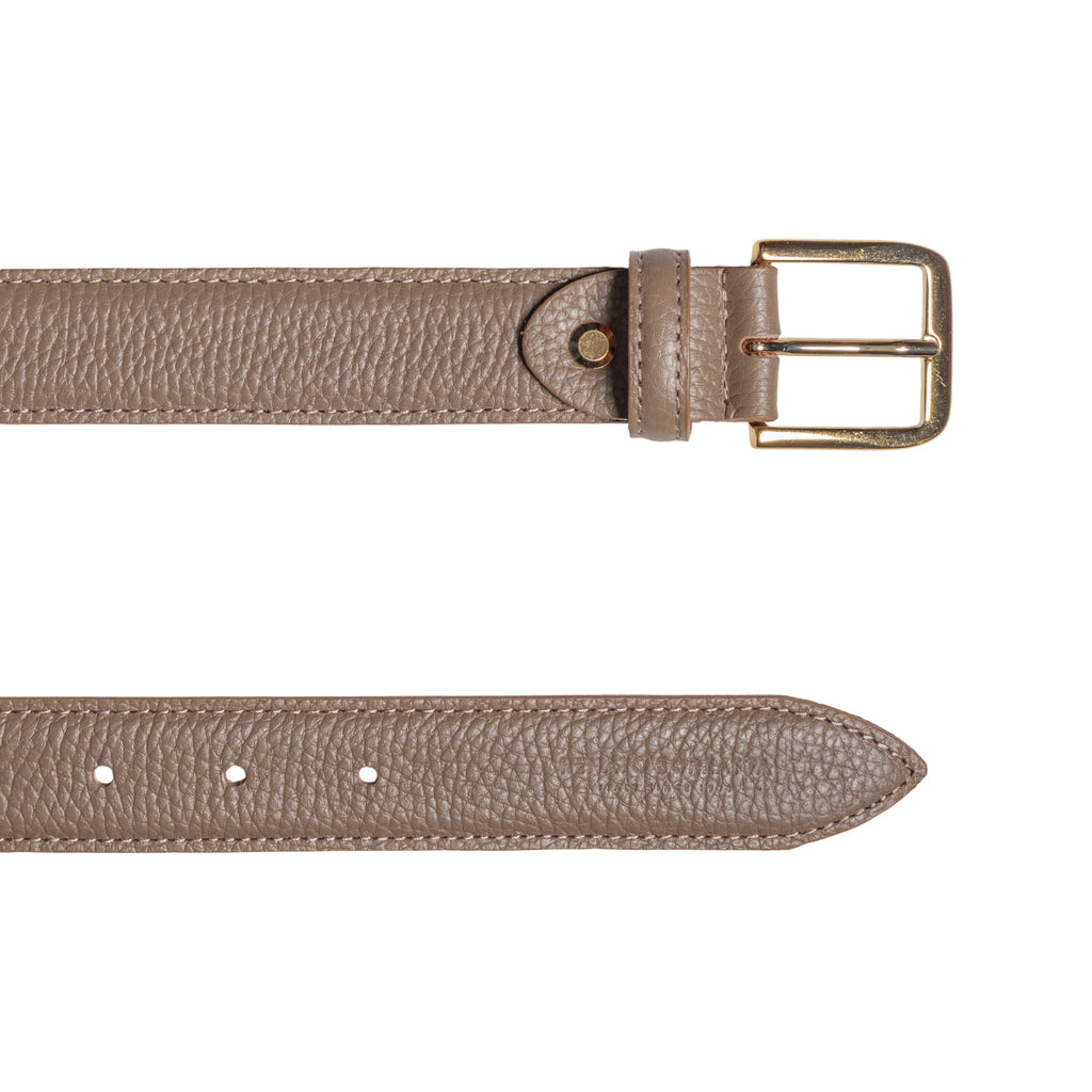 RB4023AQ | Women's Belt Made in Italy in Genuine Dollar Grain Leather. Polished Gold-Finish Buckle. Taupe Color. Dimensions: 115 x 3.0 x 0.5 cm (waistline 100 cm)