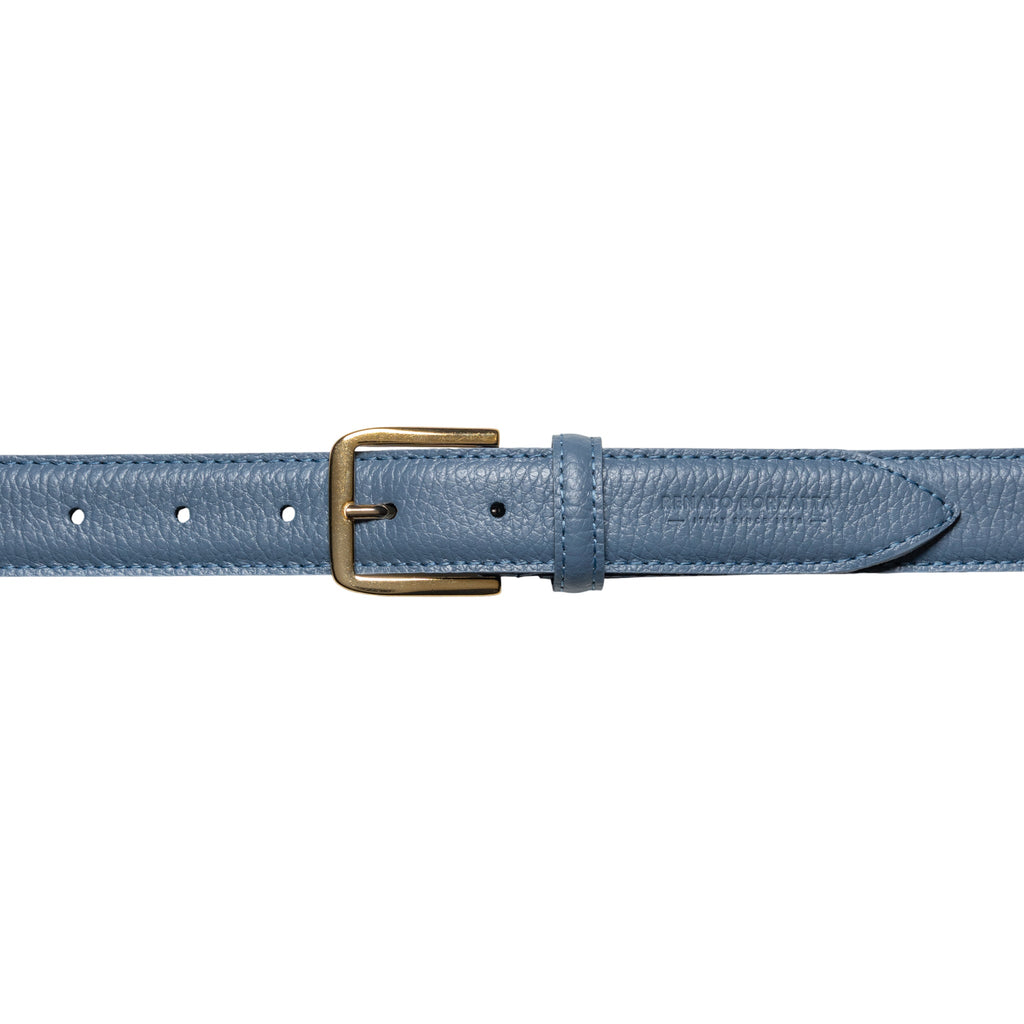 RB4023P | Women's Belt Made in Italy in Genuine Dollar Grain Leather. Polished Gold Buckle. Color: Air Force Blue. Dimensions: 115 x 3.0 x 0.5 cm (waistline 100 cm)