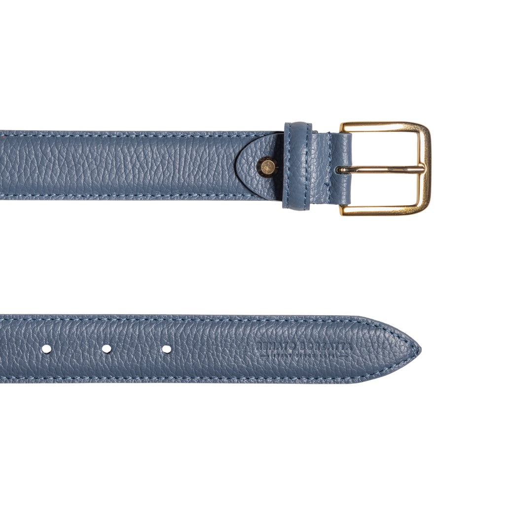 RB4023P | Women's Belt Made in Italy in Genuine Dollar Grain Leather. Polished Gold Buckle. Color: Air Force Blue. Dimensions: 115 x 3.0 x 0.5 cm (waistline 100 cm)